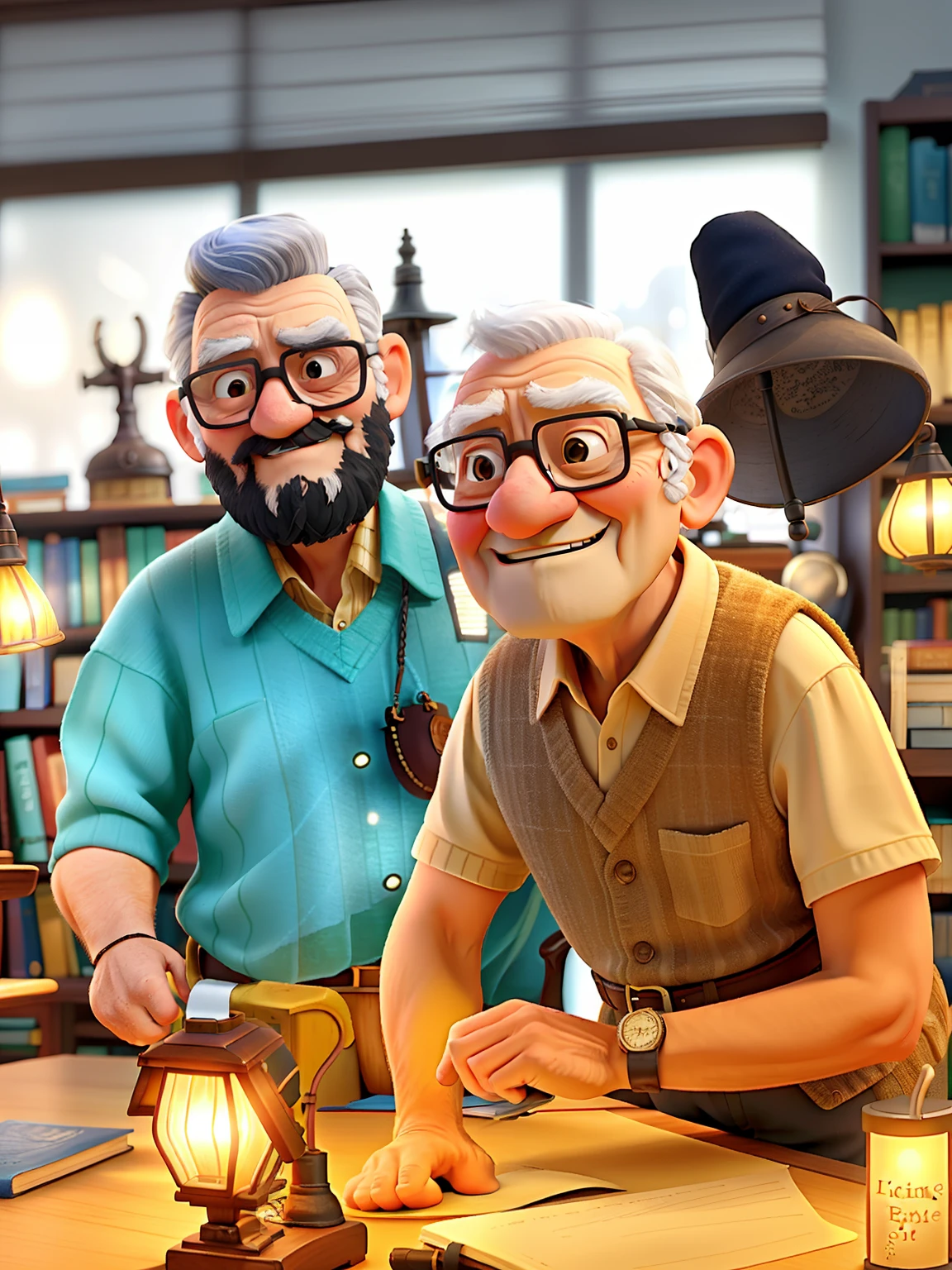 A wise old man standing in front, illuminated by the light of a lamp, against the backdrop of a library