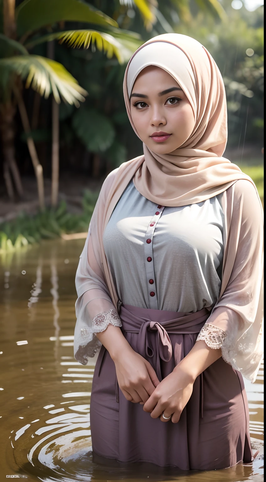 RAW, Best quality, high resolution, Masterpiece: 1.3), Beautiful Emma Watson woman in hijab, aged 35, Masterpiece, Perfect slim body, perfect make up, Beautiful big eyes, perfect make up, Watery eyes, perfect nose, Soft smile, Wet lips, Big breasts, ((Wearing a thin light yellow pastel Malay shirt that tight floral patterned, batik, covered hijab)),sitting position on muddy rice paddy field, (( spilled mud on full body)),((mud on face)), muddy rice field, rice field background, ,(big boobs)big breasts, , (cleavage),(characters play),looking to camera, smiling,( long black hair),(perfect fingers),(perfect blue eyes),masterpiece collection,seductive random pose,(full body closeup camera view),high resolution, highly detailed,