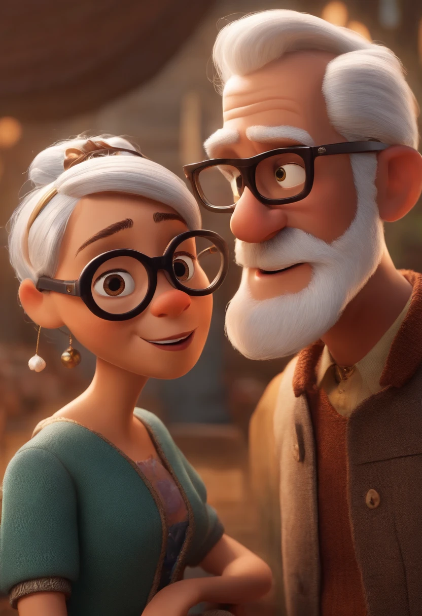 Pixar. Casal com um filhote de cachorro vira lata marrom. She white hair tied up glasses, He wears a low beard cap 30 years old!