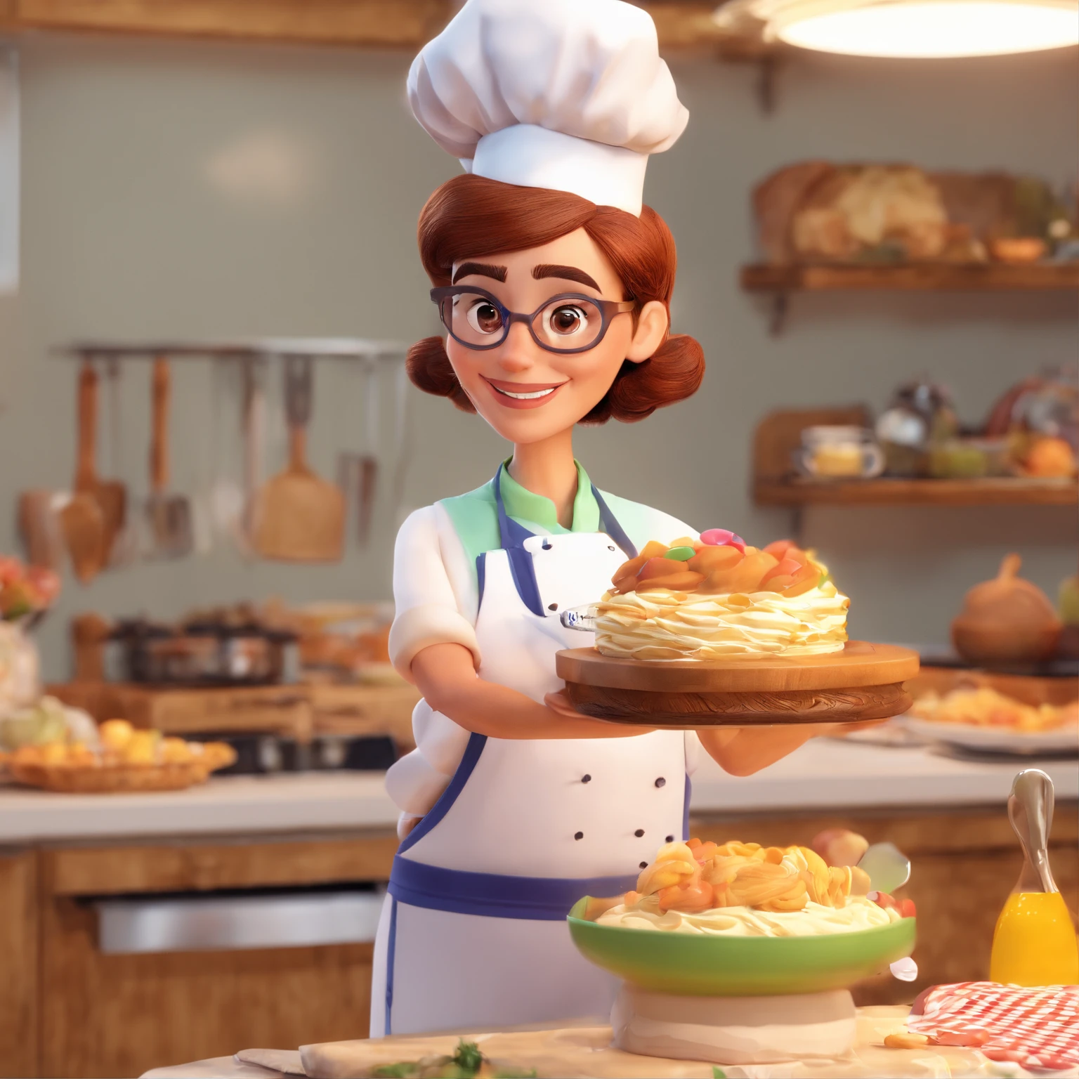 Crie uma cena de desenho animado estilo 3d -Pixar, Onde uma mulher, de cabelos lisos castanhos com 45 anos de idade, Wearing glasses and baking whipped cream cake. She's cooking dressed as a pastry chef.