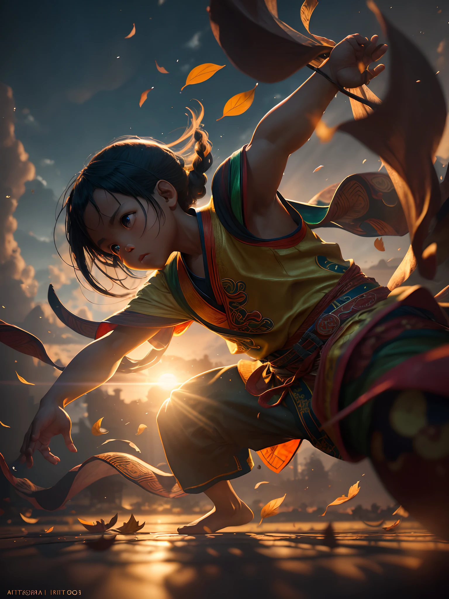 Wide angle shot of an African child in kung-fu fighting pose, tough serious face in African designed kung-fu clothes, holding leaves blown by the wind floating in circular rotation around the child, African designed dojo in the background, sunrise in the scene shining, with beautiful iridescent light, artgerm style, 32k, ultra HD, unreal engine rendered, hyper-realistic image, octane 3d rendering, cinematic lighting, trending on artstation --auto --s2