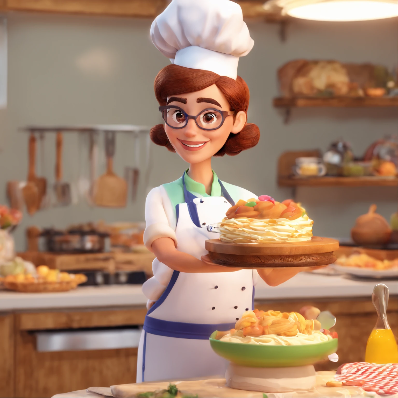 Crie uma cena de desenho animado estilo 3d -Pixar, Onde uma mulher, de cabelos lisos castanhos com 45 anos de idade, Wearing glasses and baking whipped cream cake. She's cooking dressed as a pastry chef.