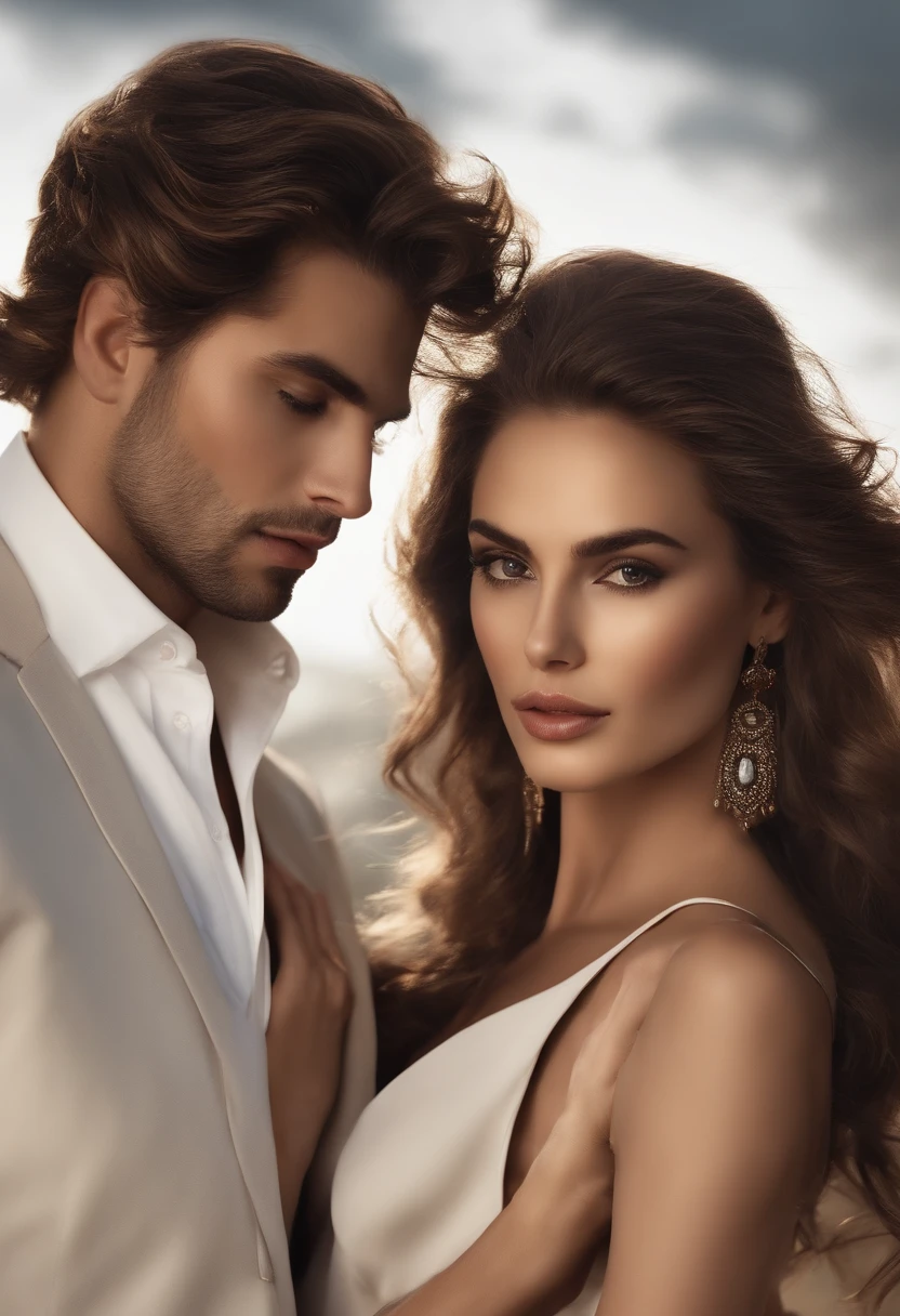 master part, Moda Soberba, (traje de moda), (illustration), (2 pessoas), Bonito Casal Jovem, (Estilo do moinho russo), moda, cabelos prateados, (cabelos longos), (messy hair), (pele branca), (Olheiras), Handsome, Dance moves, trend, cinza escuro,, fechar para cima, (Grande fundo), (Chiaroscuro)), Detalhes finos do rosto, detalhes faciais, Cinematic lighting, (profundidade de campo), UHD, (parte superior do corpo), fundo preto