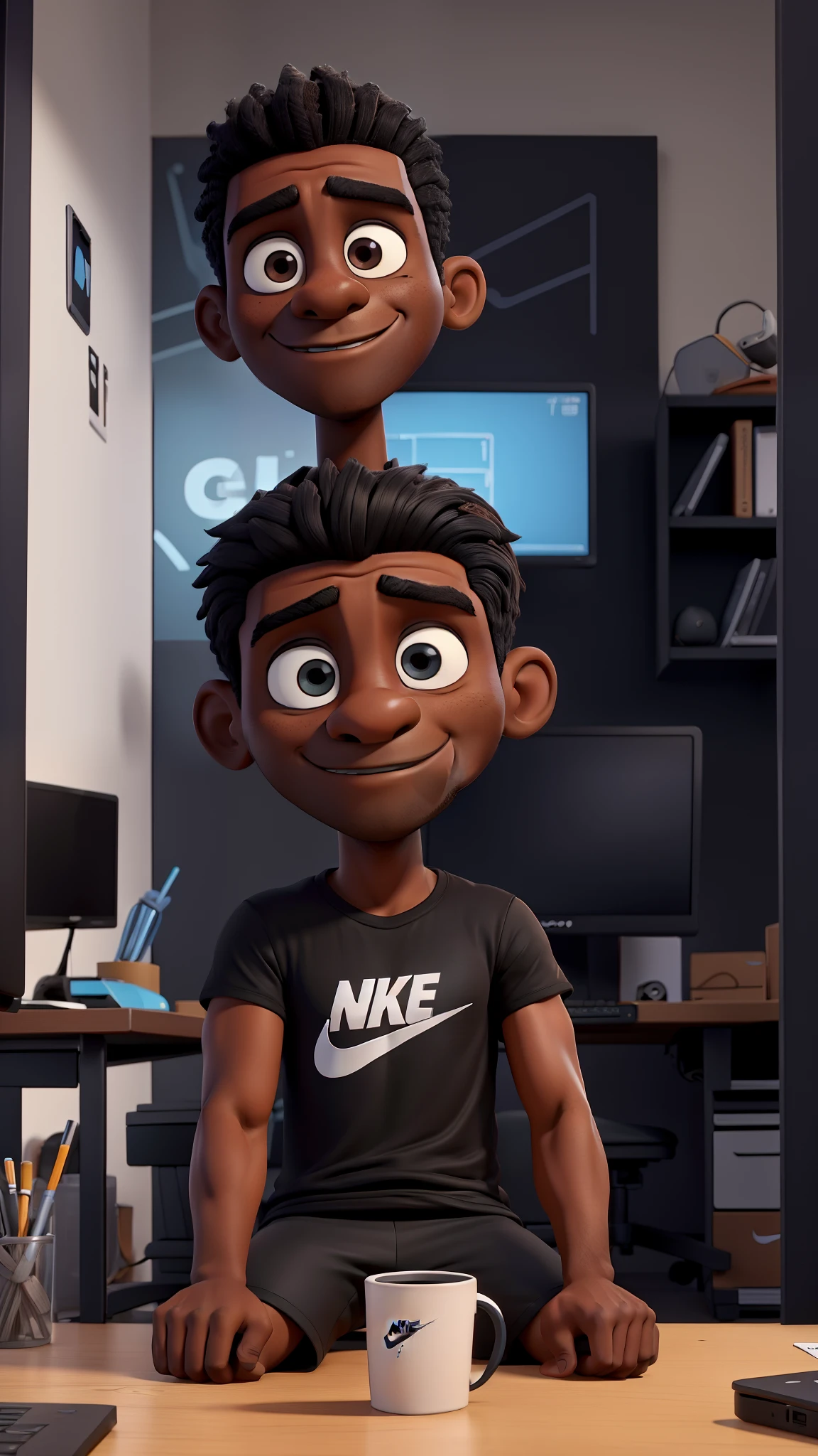 Abner is a dark-skinned 28-year-old man, um pouco acima do peso, Is wearing a black t-shirt and black shorts, e uns tenis nike dunk low preto e branco, animado, He's sitting in a gaming chair in an office with a laptop and a mug on his desk
