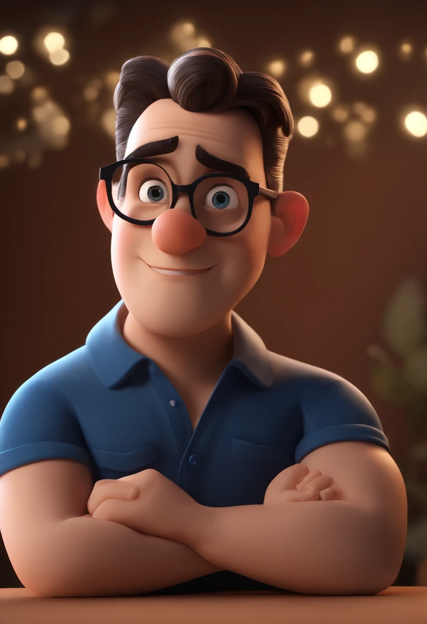 Cartoon character of a man wearing black glasses and a blue shirt, um personagem animado, Caractere estilizado, animation style rendering, 3D estilizado, Arnold Maya render, 3 d render stylized, toon render keyshot, Personagem 3D, Personagem 3D, 3d rendering stylized, 3 d character render, personagem de desenho animado, Personagem de close up, Pose de personagem, (Estilo Pixar) (master part:1.2) (Bokeh) (best quality) (pele detalhada) (textura detalhada) (8k) (argila) (Cinematic lighting) (foco nítido,Senta e vaza a parte superior do corpo