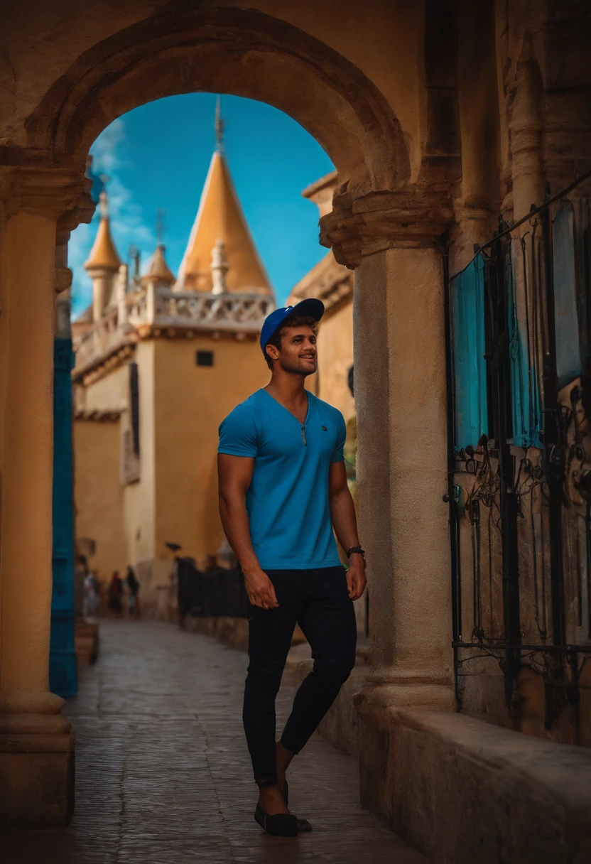 : Danilo, gordinho, barba ruiva, pelo branca, blue cap, camiseta branca e segurando uma caixa de ferramenta, estilo Disney