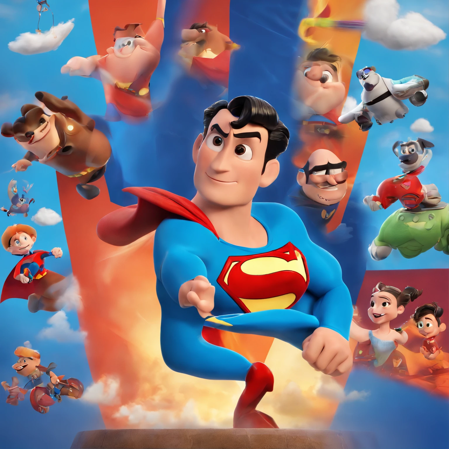 Create a Disney Pixar-inspired poster with the Superman character with the clouds behind it