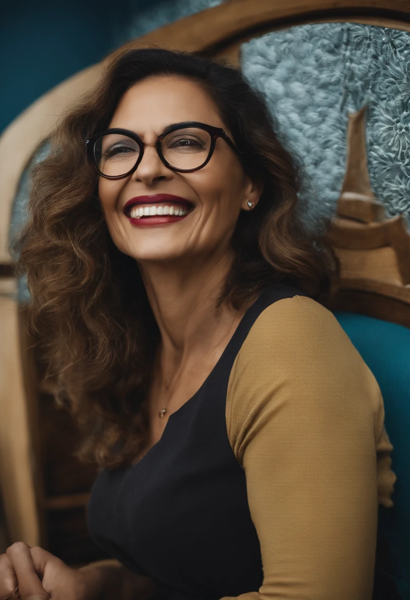 Criar uma dentista, loira , cabelo comprido, 45 anos, She wears glasses and braces on her teeth ,