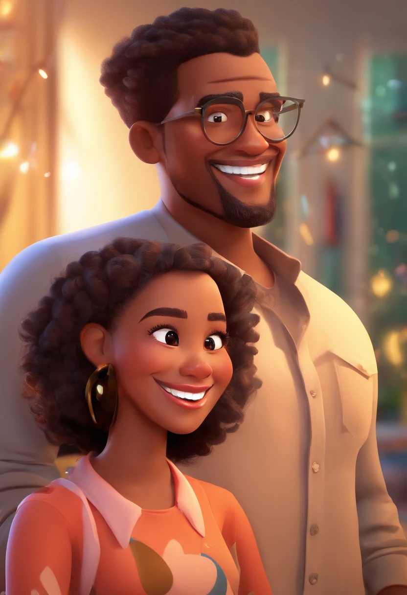 An illustration of an adorable couple, Highlight for a chubby mulatto man with glasses smiling and a brunette woman with beautiful expressive eyes - the man's skin is mulatto and the man's hair haswhile the woman's skin is black and the woman's hair is straight and brown. They are a bright room, cada um com um sorriso no rosto, e compartilhar um momento especial caracterizado pelo amor, Insights. Illustrate this scene from a perspective where they are facing the camera, Smiling and Showing Your Connection. Desenvolva esta arte em Full HD, Focus on your cinematic touch, Estilo Disney Pixar Animations