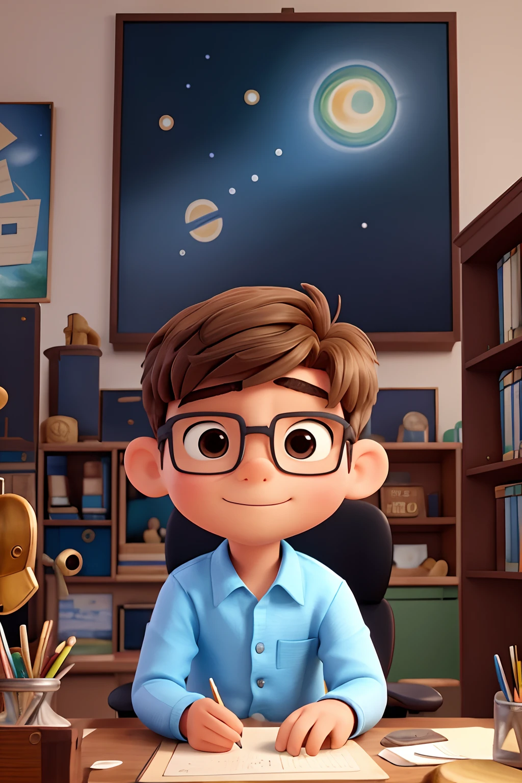 Bonito pequeno, editor,  masculino 23 anos de idade, com camisa , sitting at an office desk, ao fundo, two paintings of Van Gogh's Starry Sky;, Um ornamento branco Arnaldo Silva, huge head, cebelos curto, com barba  , olhos altamente detalhados , whole body view, Figuras de Brinqued