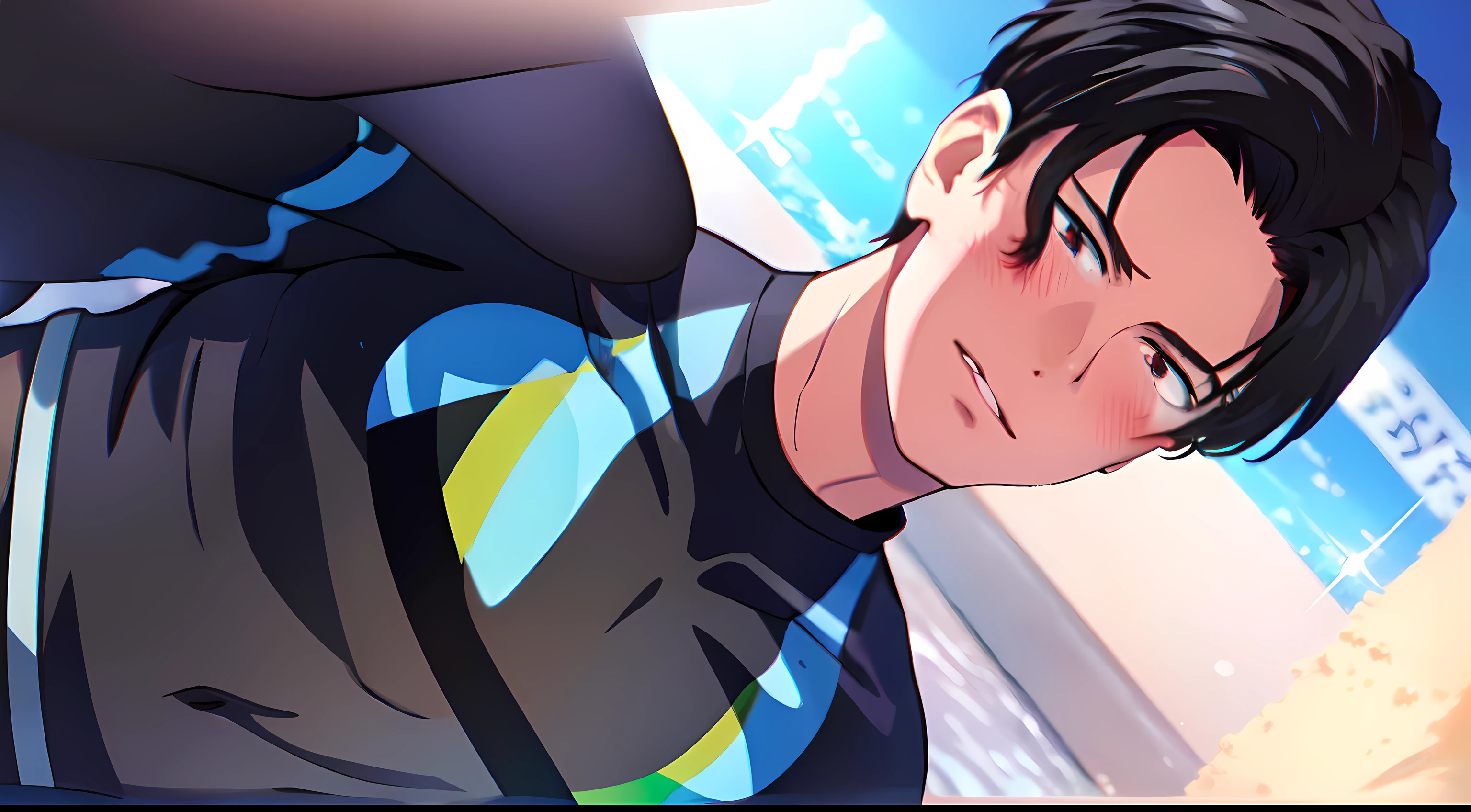 ((masterpiece, best quality, extremely detailed, highres, 8k, detailed face)), Two male surfers standing side by side、Depiction of the whole body、Black short hair、university student