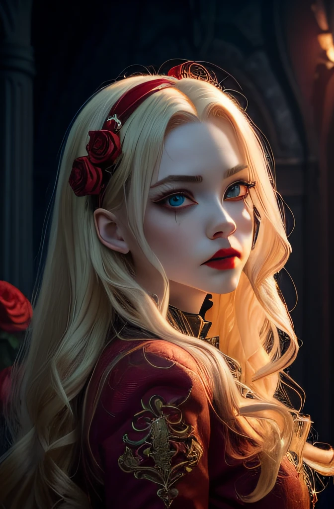 Clown movie character,Masterpiece, Highest quality, (solofocus), (Perfect face:1.1), (High detail:1.1), (hyper detail eyes), Dramatic, 1人, (Pale skin), Long blonde hair, (Red iris), Individual focus, Vampire, Long hair, Moon, Night, Red luxury suit, pouty lips, Castle, Detailed background, Art germ, Cinematic lighting, Red roses, Fashion