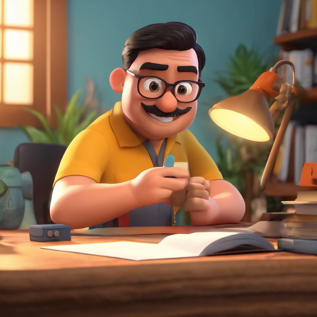 Crie um cartaz inspirado na Disney Pixar com o personagem sendo o coach Yuri Martiny, A short black-haired man wearing glasses, with a short beard in an office with a Bible on the table
