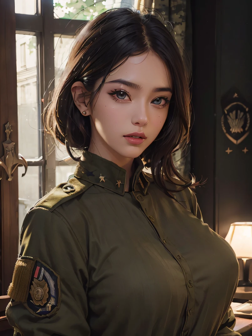 (Best Quality、hight resolution、masutepiece:1.2)、ultra-detailliert、(Realistic、Photorealsitic、Photorealsitic:1.37)、(Beautiful detailed eyes、Beautiful detailed lips、extremely detailed eye and face、long eyelashes)、Studio Lighting、High brightness、cowboy shot、Physically-based rendering、Vivid colors、(Close to big breasts、ultra gigantic tits、Super super big:0.8)、((Modern military uniform:1.5))