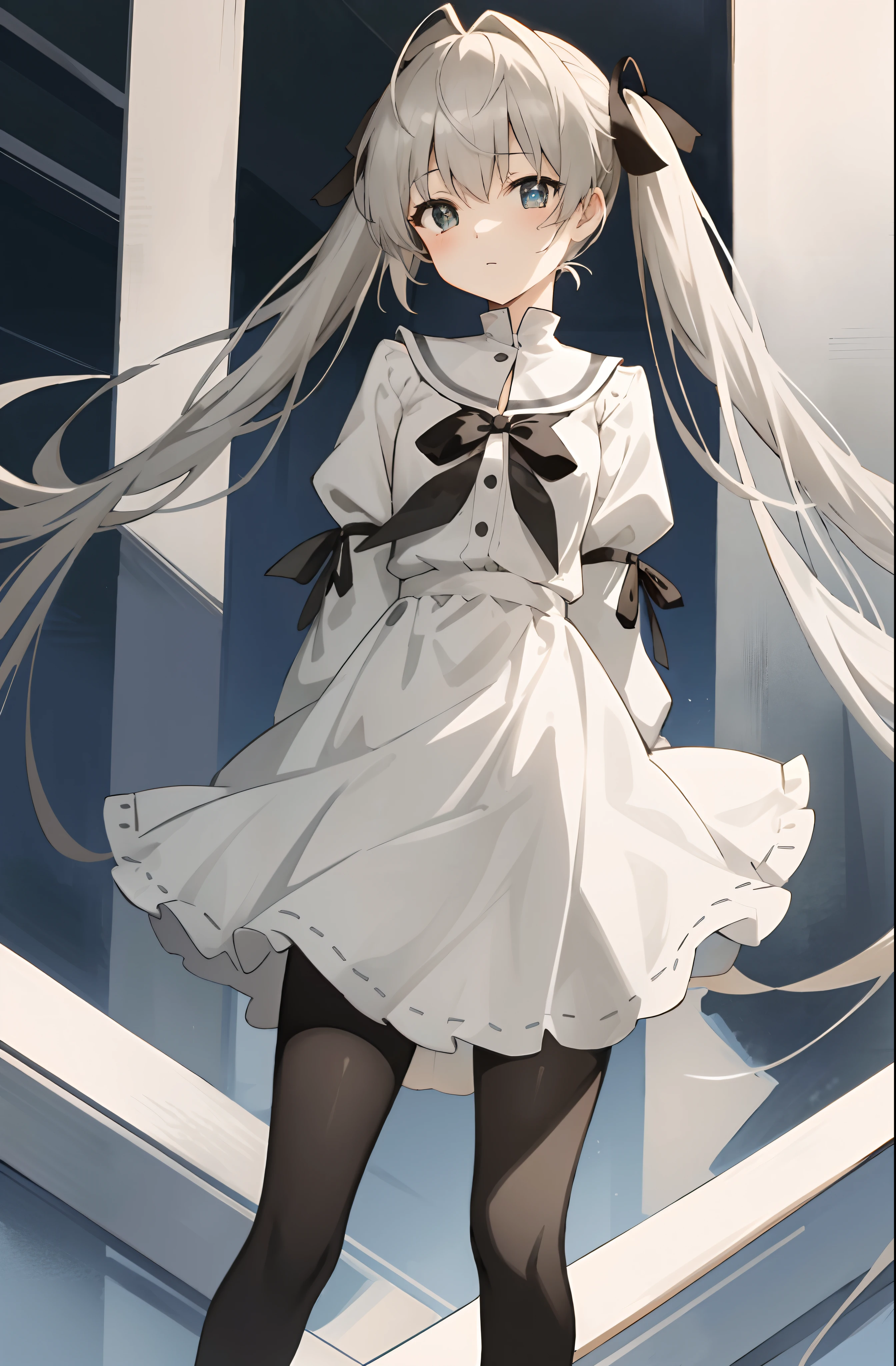 （Masterpiece，best qualtiy，A high resolution：1.5），1girl，high school senior，white skinned，Gray-black pupils，twintails，lacepantyhose，shift dresses，Delicate face，School Background，The light is bright，Sora Kasugano，Animated illustration style，pixiv popular