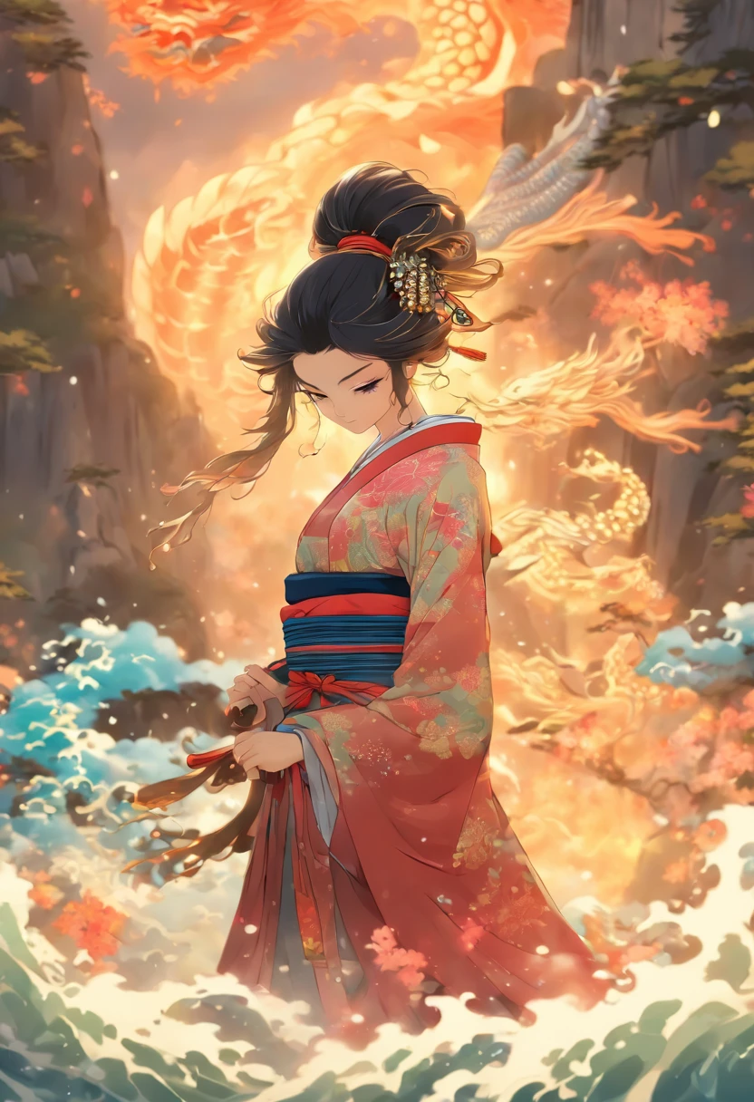 (((Woman)) best quality, ultra-high resolution, CG detalhado 4K, master part, Izanami,cabelos pretos,Woman, Samurai,water,???,feudal japan, ((in water)),Shui Mo Hua ,Estilo de pintura chinesa, Estilo Thangka, esthetic, Beautiful image, centrado na tela