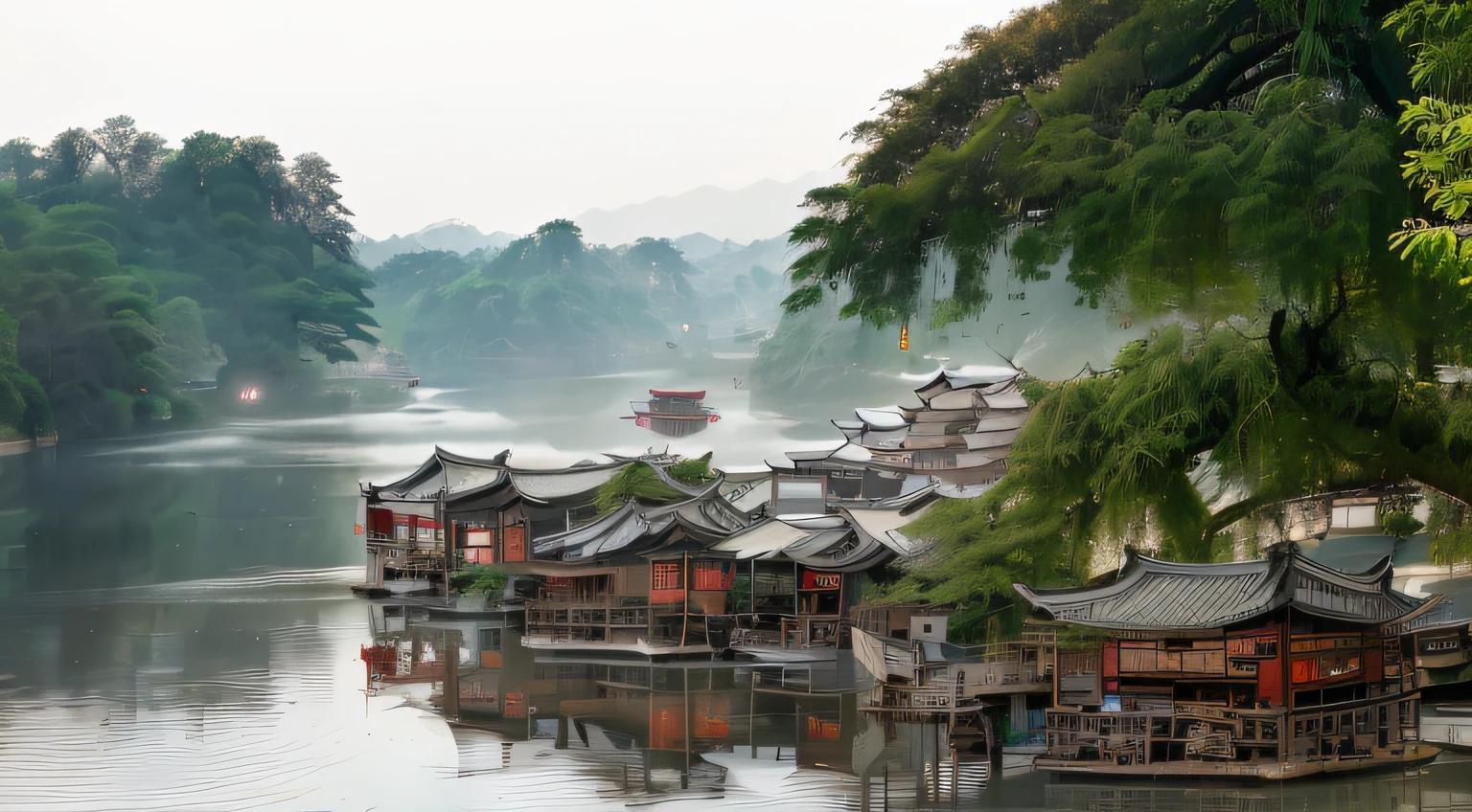 A piece of ancient Chinese Jiangnan water town，On both sides are old wooden buildings，A small old wooden boat with a roof floats on the water（Meticulous）