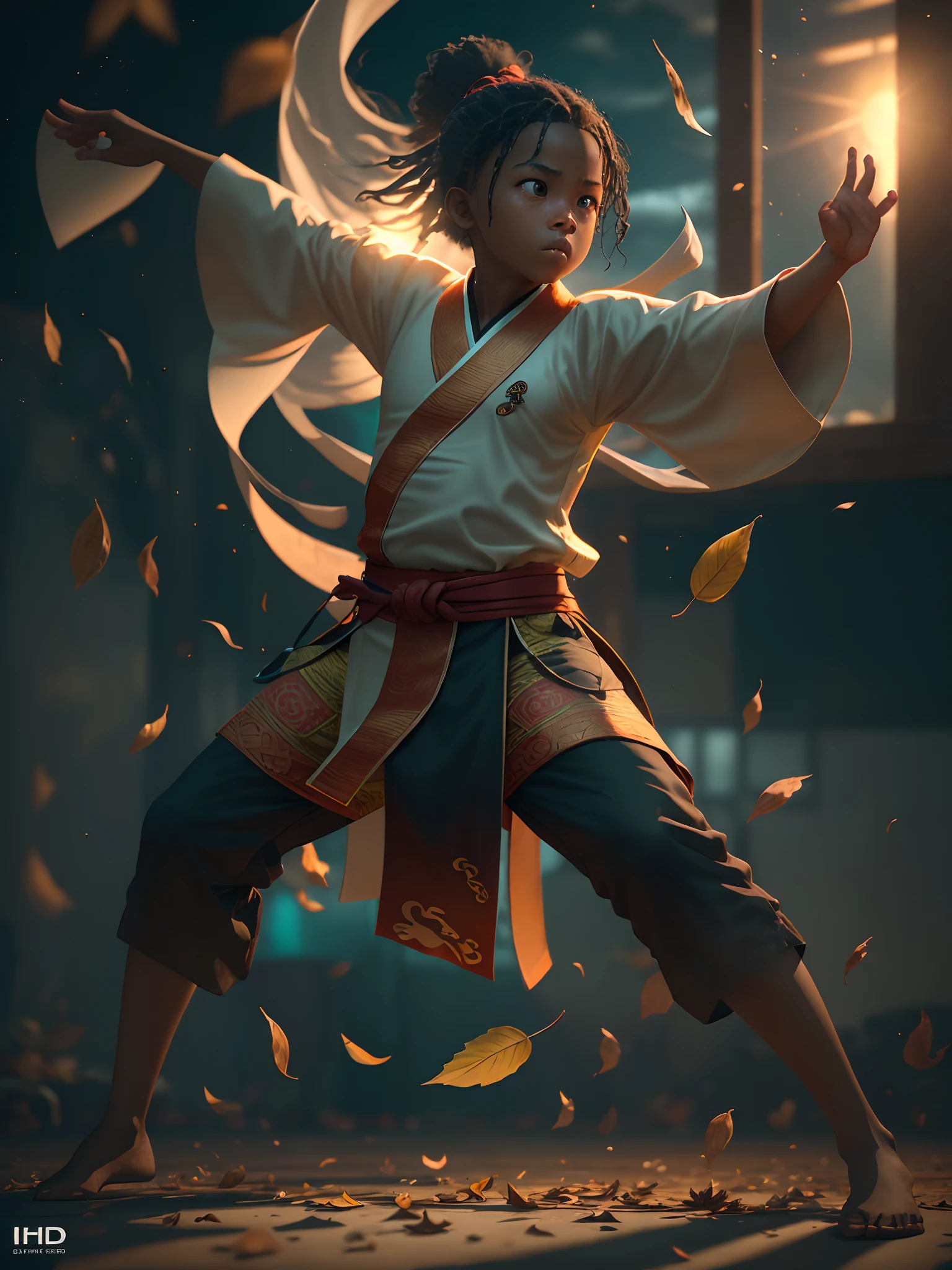 Wide angle shot of an African  in kung-fu fighting pose, tough serious face in African designed kung-fu clothes, holding leaves blown by the wind floating in circular rotation around the child, African designed dojo in the background, sunrise in the scene shining, with beautiful iridescent light, artgerm style, 32k, ultra HD, unreal engine rendered, hyper-realistic image, octane 3d rendering, cinematic lighting, trending on artstation --auto --s2