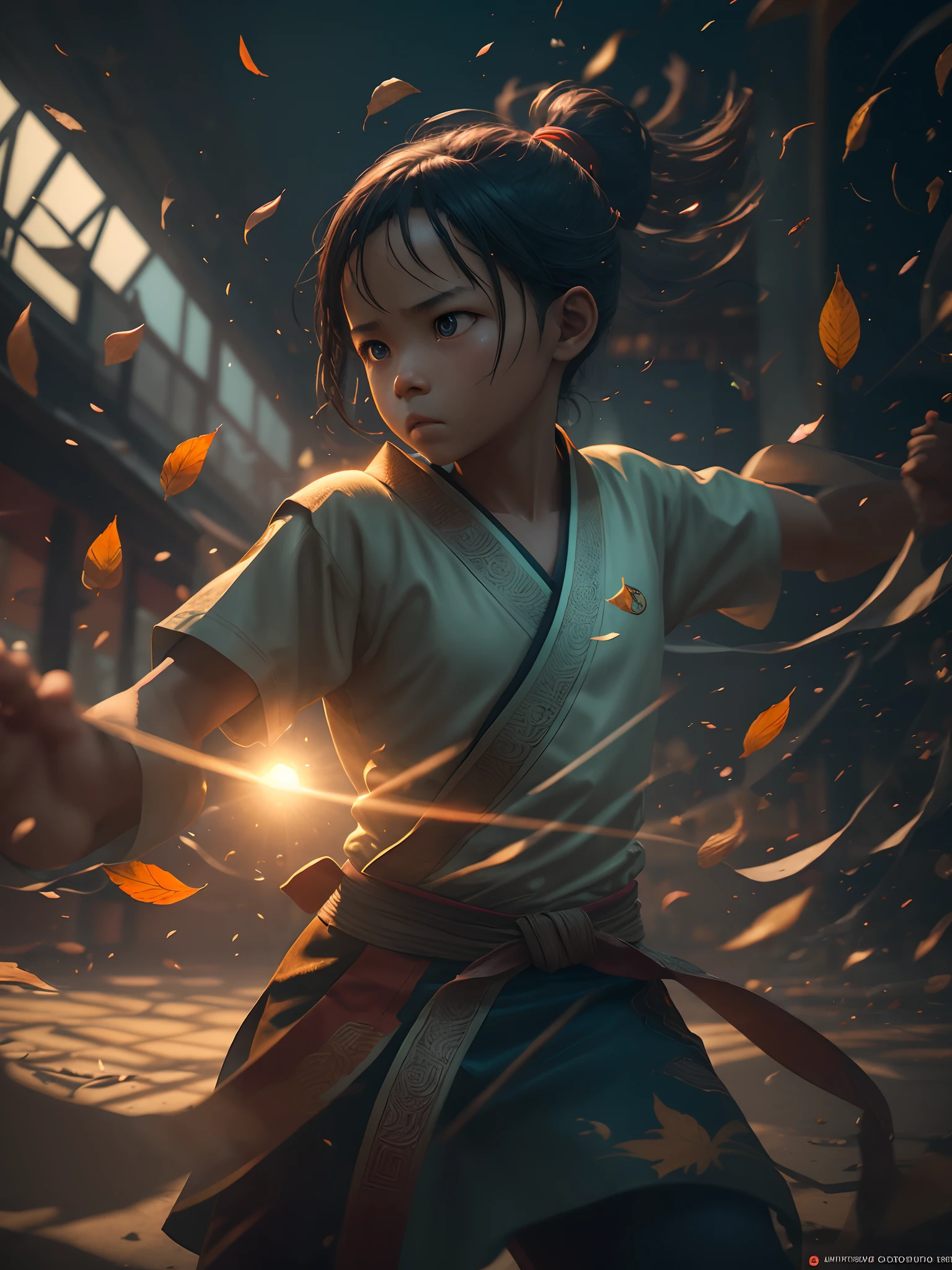 Wide angle shot of an African child in kung-fu fighting pose, tough serious face in African designed kung-fu clothes, holding leaves blown by the wind floating in circular rotation around the child, African designed dojo in the background, sunrise in the scene shining, with beautiful iridescent light, artgerm style, 32k, ultra HD, unreal engine rendered, hyper-realistic image, octane 3d rendering, cinematic lighting, trending on artstation --auto --s2