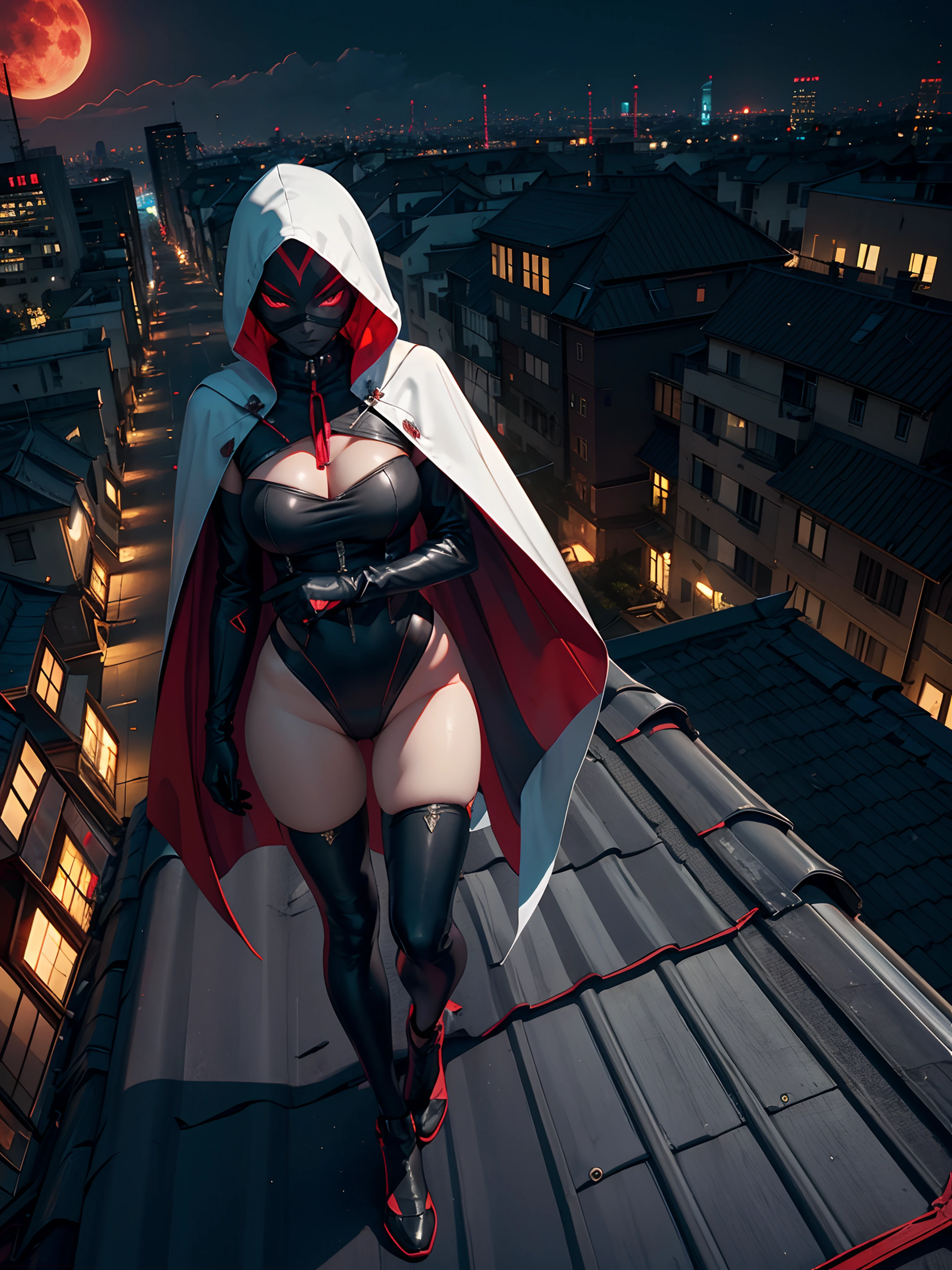 Masterpiece, girl:1.1,young woman,white skin,(cape,black suit,mask),wan assassin,whole body covered,(full body:1.4), panorama shot:1.2,dark shadow,demonic color,red moon lighting,walking on the roof,nightmare,short hair,cinematic lighting, sharp focus, highly detailed,hot colors,large breast:1.2,(on the roof:1.4)