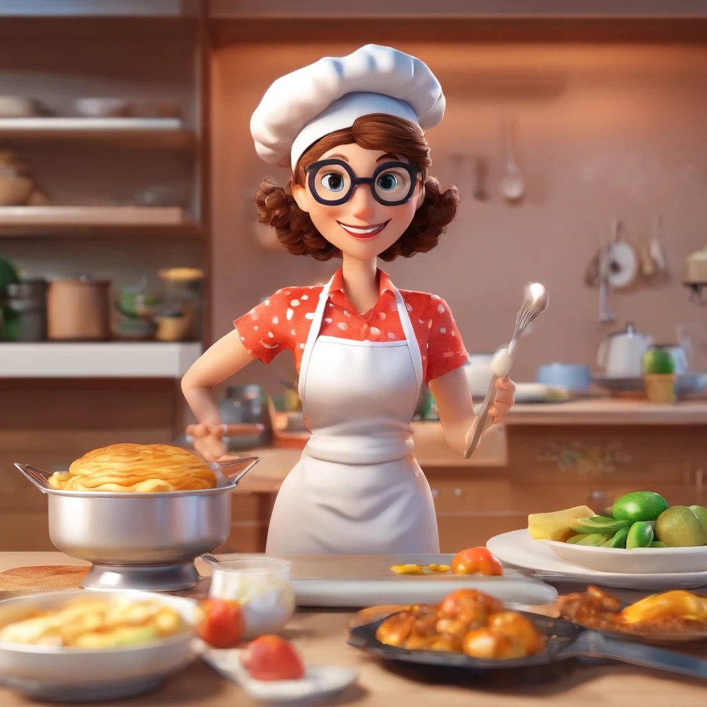 Crie uma cena de desenho animado  estilo 3d -Pixar, Onde uma mulher, de cabelos lisos castanhos com 50 anos de idade, wearing goggles. She's cooking dressed as a pastry chef.