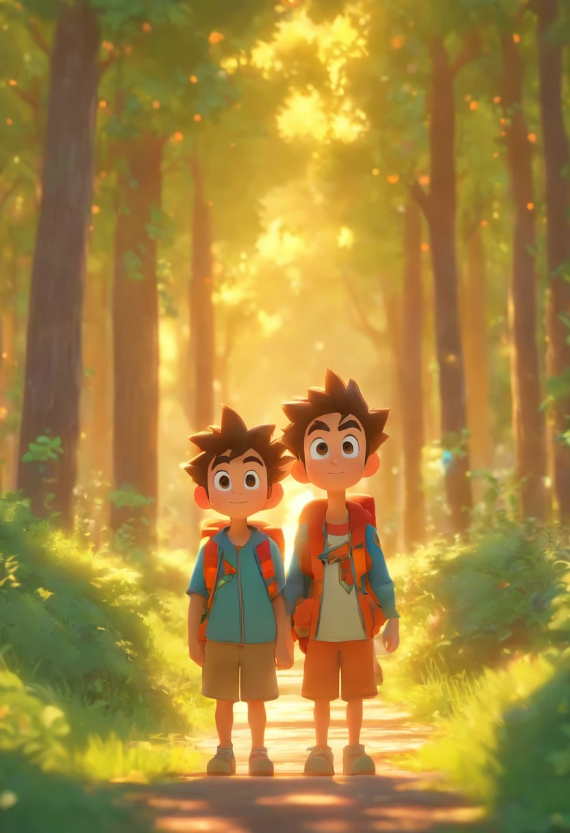 (Estilo Pixar), 2 twin boys, 2 anos. A place with a lot of trees, Mochilas,Modelo de personagem em miniatura, Realistic proportions, Post-processing, ((perspectiva ortogonal)), Super Detalhe, Realistic, super realistic, photoreal render,