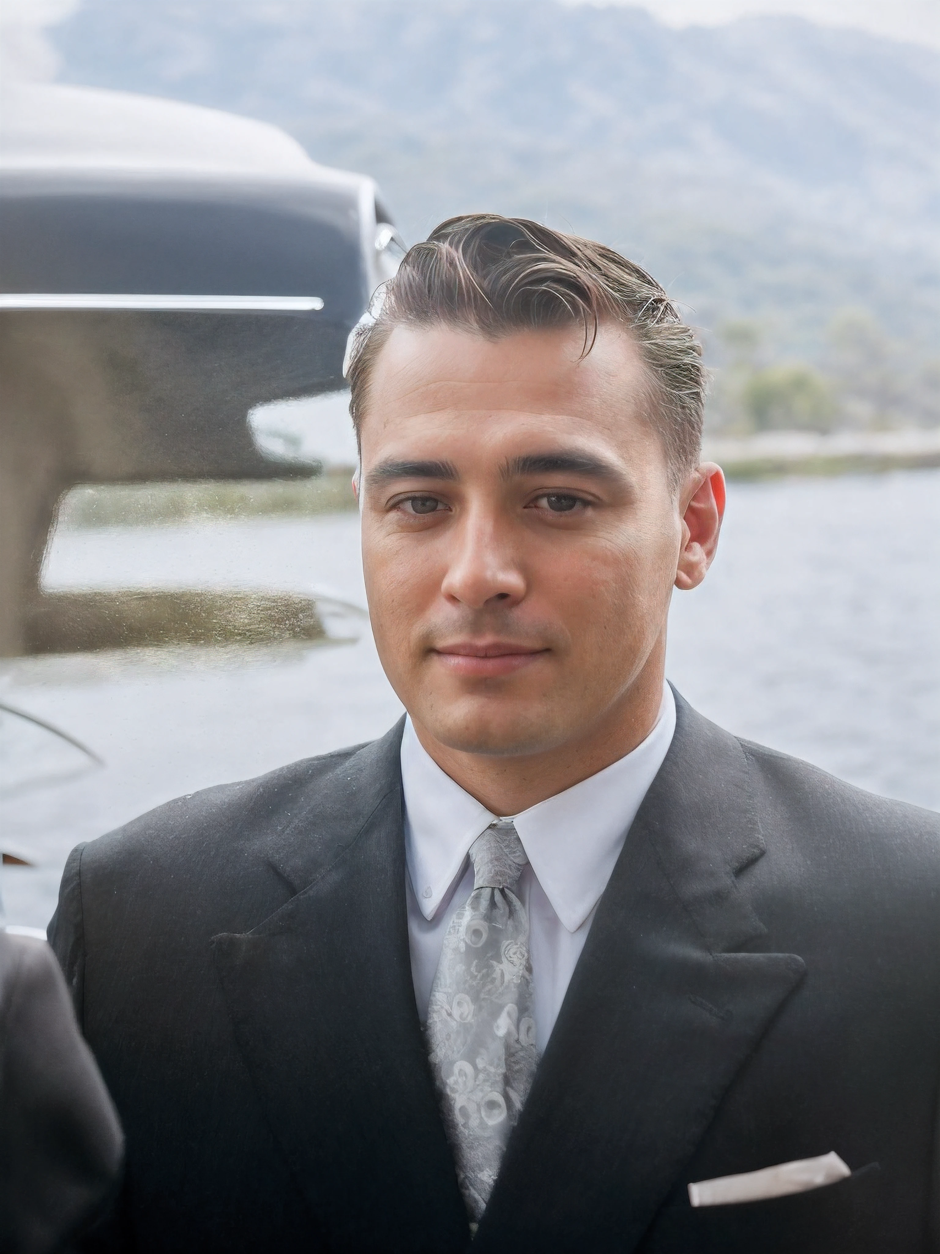 There's a man in a suit and tie standing in front of a blue-colored vintage car, homem de terno preto, white shirt and gray tie with Bordeaux patterns, A white scarf on the coat, homem de cabelo castanho e loiro anos 60, olhos azuis, pele bonita, raw photo, amazing photograph, best quality, 8K, high quality, Ultra detailed, (best quality), (high detailed skin, full sharp:1.2), 8k uhd, dslr, detailed face
