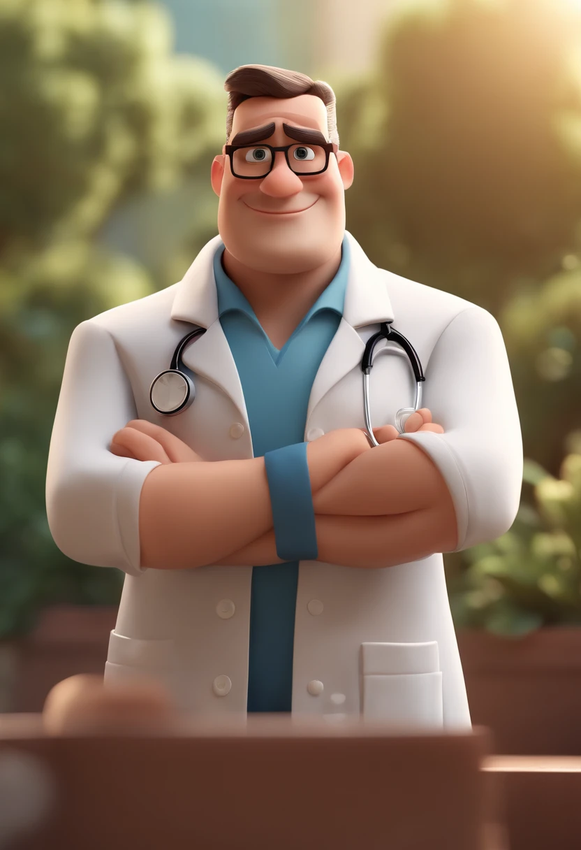 Cartoon character of a man wearing a doctor's lab coat, um personagem animado, Caractere estilizado, animation style rendering, 3D estilizado, Arnold Maya render, 3 d render stylized, toon render keyshot, Personagem 3D, Personagem 3D, 3d rendering stylized, 3 d character render, personagem de desenho animado, Personagem de close up, Pose de personagem, (Estilo Pixar) (master part:1.2) (Bokeh) (best quality) (pele detalhada) (textura detalhada) (8k) (argila) (Cinematic lighting) (foco nítido,Senta e vaza a parte superior do corpo