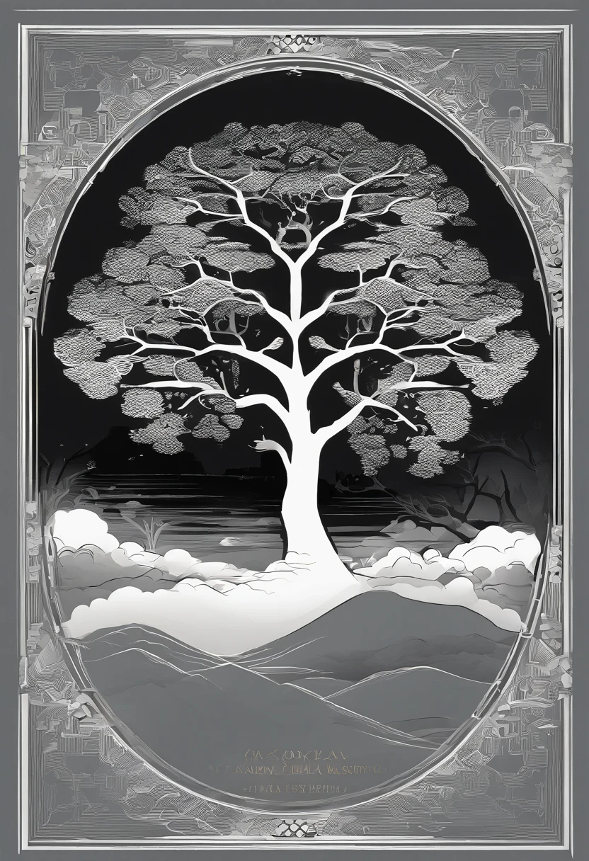 Japanese style manga，Gray tones，A book design cover，age-old tree，setting sun，ukiyo-style