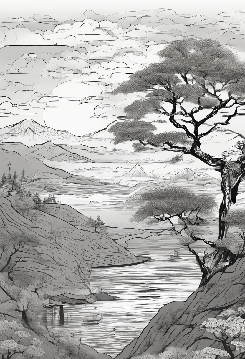 Japanese style manga，Gray tones，A book design cover，age-old tree，setting sun，ukiyo-style