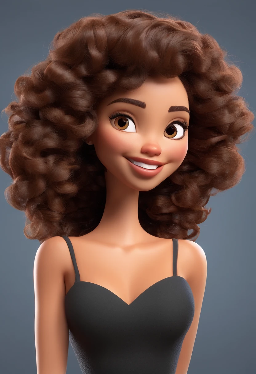 An illustration of an adorable woman, destacando uma mulher bonita pele oscura, Expressive eyes – the woman's skin is black and the woman's hair is large and curly. Desenvolva esta arte em Full HD, Focus on your cinematic touch, Estilo Disney Pixar Animations