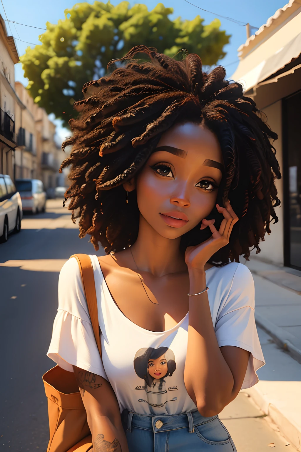 uma africana africana pele marrom escura:5, olhos pretos cintilantes:2, pose pra foto, estilo Rapunzel, Paris:5, parque, mega hair cabelos na altura do ombro, flores, imagem intrigante, cores vividas, vestido longo verde bandeira Brasil, Red and white Vans sneakers, imagem limpa, alta qualidade, nitidez, Sharp imagem, rosto de modelo, 8k, imagem profissional, iso100, cidade , blue skies, moda atual, muito detalhado, altamente rosto 8k detalhado, formato de rosto perfeito, fleshy and perfect lips, nariz arredondado e perfeito , olhos lindos e corretos, observador, Tattooed in black color with elephant and african woman on right arm, Phrase on the right inner shoulder written "Good things happen", flor no ombro esquerdo interno : 3,45, flores de cabelo, obra-prima, melhor qualidade, solteiro, jeans, sozinho, Advanced Digital Chibi