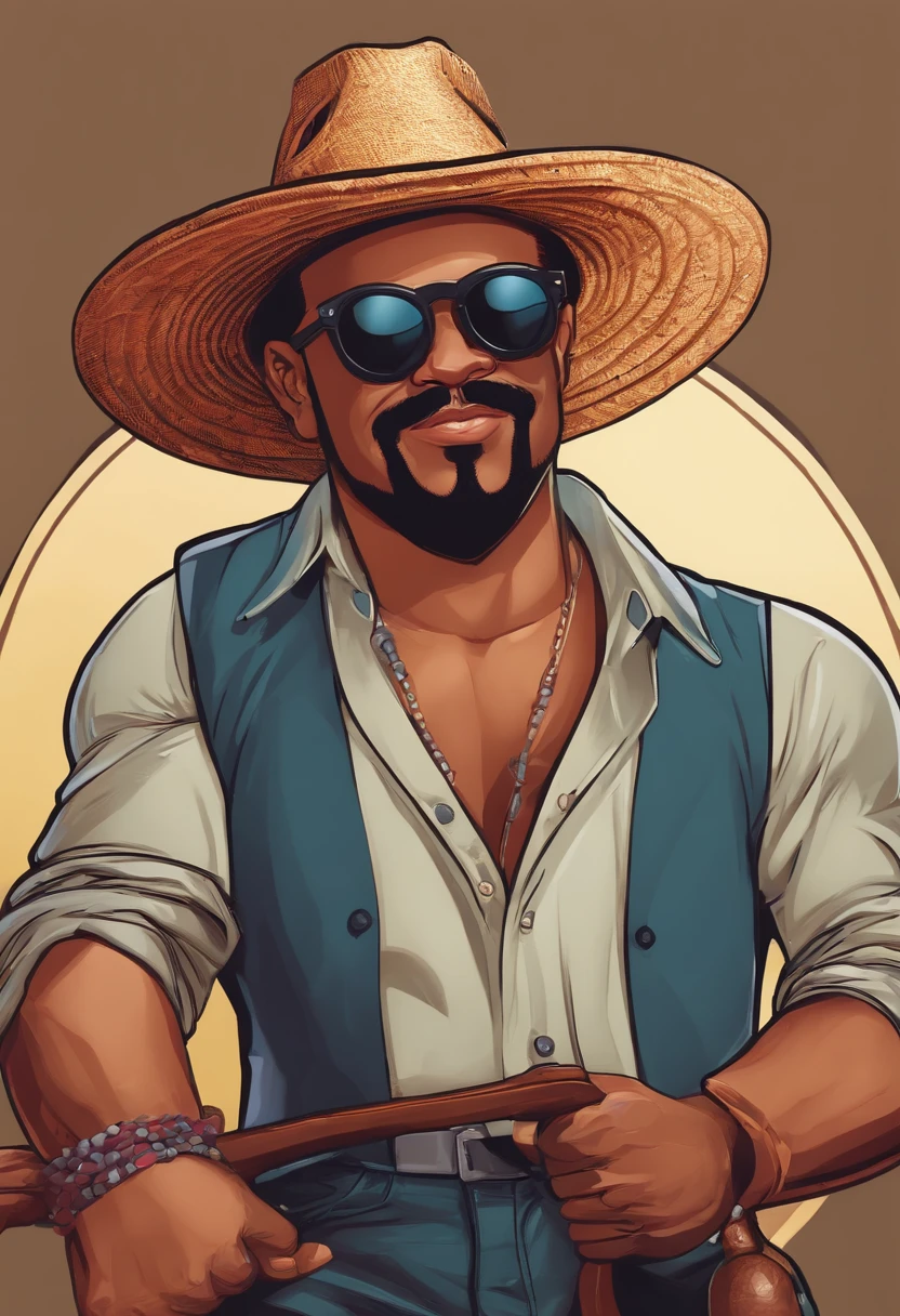 Cartoon character of a man with black glasses and a shirt to see, straw hat, muito bravo, with hammer in hand.