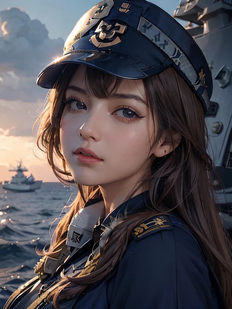 (Best Quality、hight resolution、masutepiece:1.2)、ultra-detailliert、(Realistic、Photorealsitic、Photorealsitic:1.37)、(Beautiful detailed eyes、Beautiful detailed lips、extremely detailed eye and face、long eyelashes)、Studio Lighting、High brightness、Three-fifths shot、Physically-based rendering、Vivid colors、(Close to big breasts、ultra gigantic tits、Super super big:0.8)、((Navy Officer Uniforms:1.5))、Battleship Deck