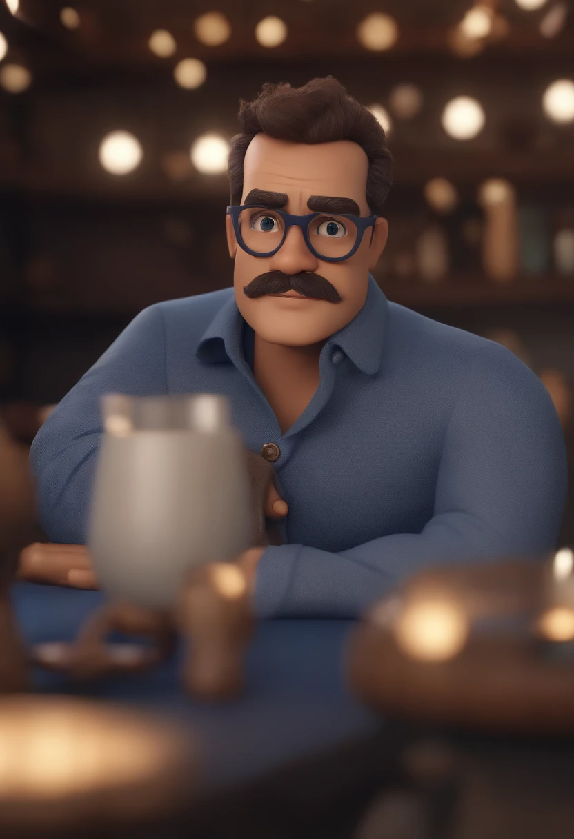 Cartoon character of a man wearing black glasses and a blue shirt, um personagem animado, Caractere estilizado, animation style rendering, 3D estilizado, Arnold Maya render, 3 d render stylized, toon render keyshot, Personagem 3D, Personagem 3D, 3d rendering stylized, 3 d character render, personagem de desenho animado, Personagem de close up, Pose de personagem, (Estilo Pixar) (master part:1.2) (Bokeh) (best quality) (pele detalhada) (textura detalhada) (8k) (argila) (Cinematic lighting) (foco nítido，Senta e vaza a parte superior do corpo