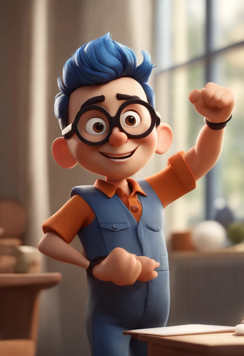 Cartoon character of a man wearing black glasses and a blue shirt, um personagem animado, Caractere estilizado, animation style rendering, 3D estilizado, Arnold Maya render, 3 d render stylized, toon render keyshot, Personagem 3D, Personagem 3D, 3d rendering stylized, 3 d character render, personagem de desenho animado, Personagem de close up, Pose de personagem, (Estilo Pixar) (master part:1.2) (Bokeh) (best quality) (pele detalhada) (textura detalhada) (8k) (argila) (Cinematic lighting) (foco nítido，Senta e vaza a parte superior do corpo