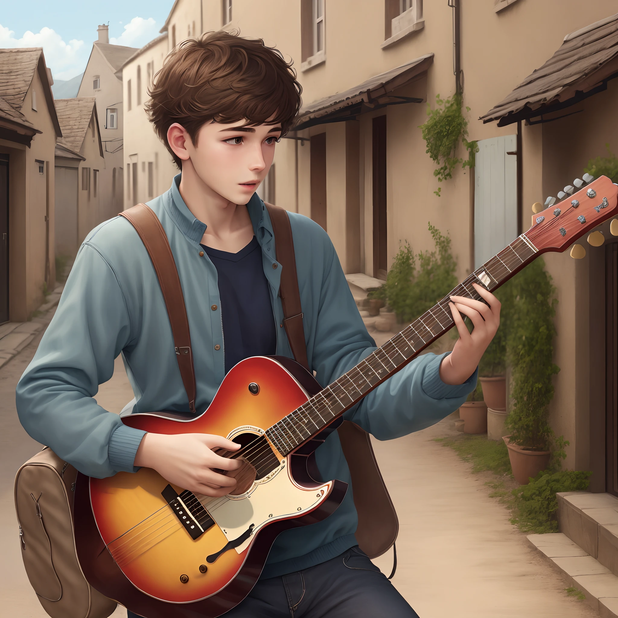 Young man playing guitar in a village