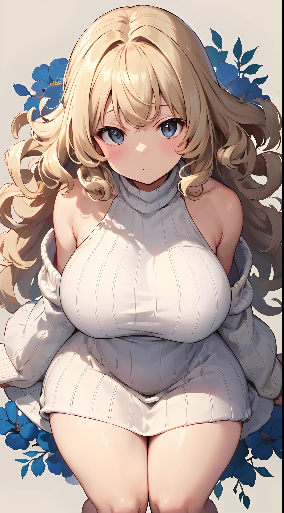 a high chroma、​masterpiece、top-quality、hight resolution、extremely delicate and beautiful、beutiful breast、femele１a person、((独奏、femele１a person、Beige hair、Single-color background、white backgrounid、Curly hair、Knitted dresses、Sweaters、off shoulders、thick legs、thick thighs))、close up of face、symmetry、Overhead view angle