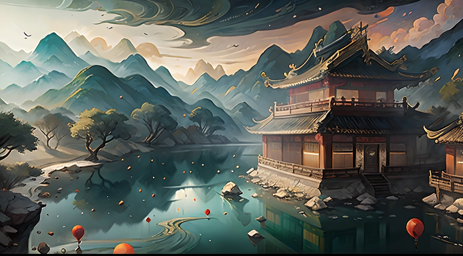 chinese wind mountains, river, auspicious clouds, pavilions, sunlight, masterpiece, super detail, epic composition, ultra hd, high quality, extremely detailed, official art, unified 8k wallpaper, super detail, 32k