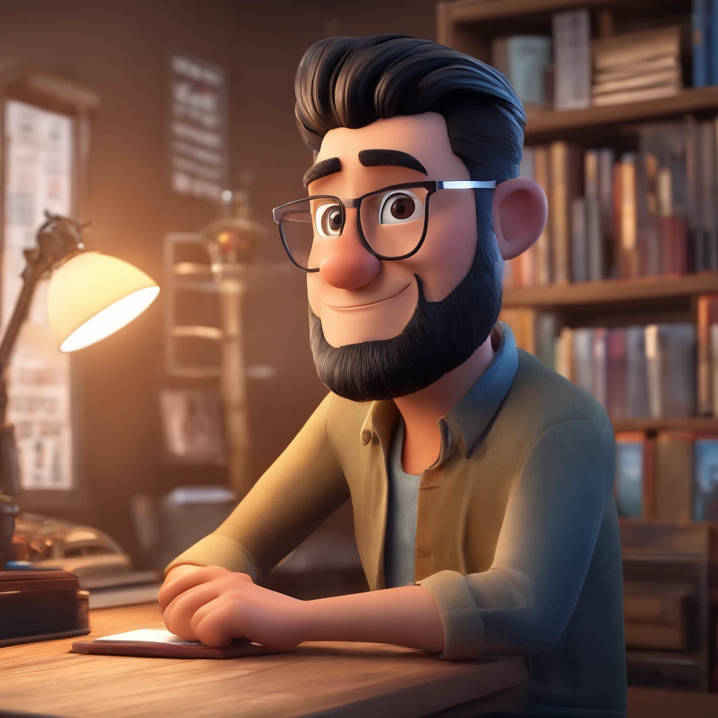 Crie um cartaz inspirado na Disney Pixar com o personagem sendo o terapeuta Yuri Martiny, A strong man with short black hair wearing oval black glasses, with a short beard in an office with a Bible on the table