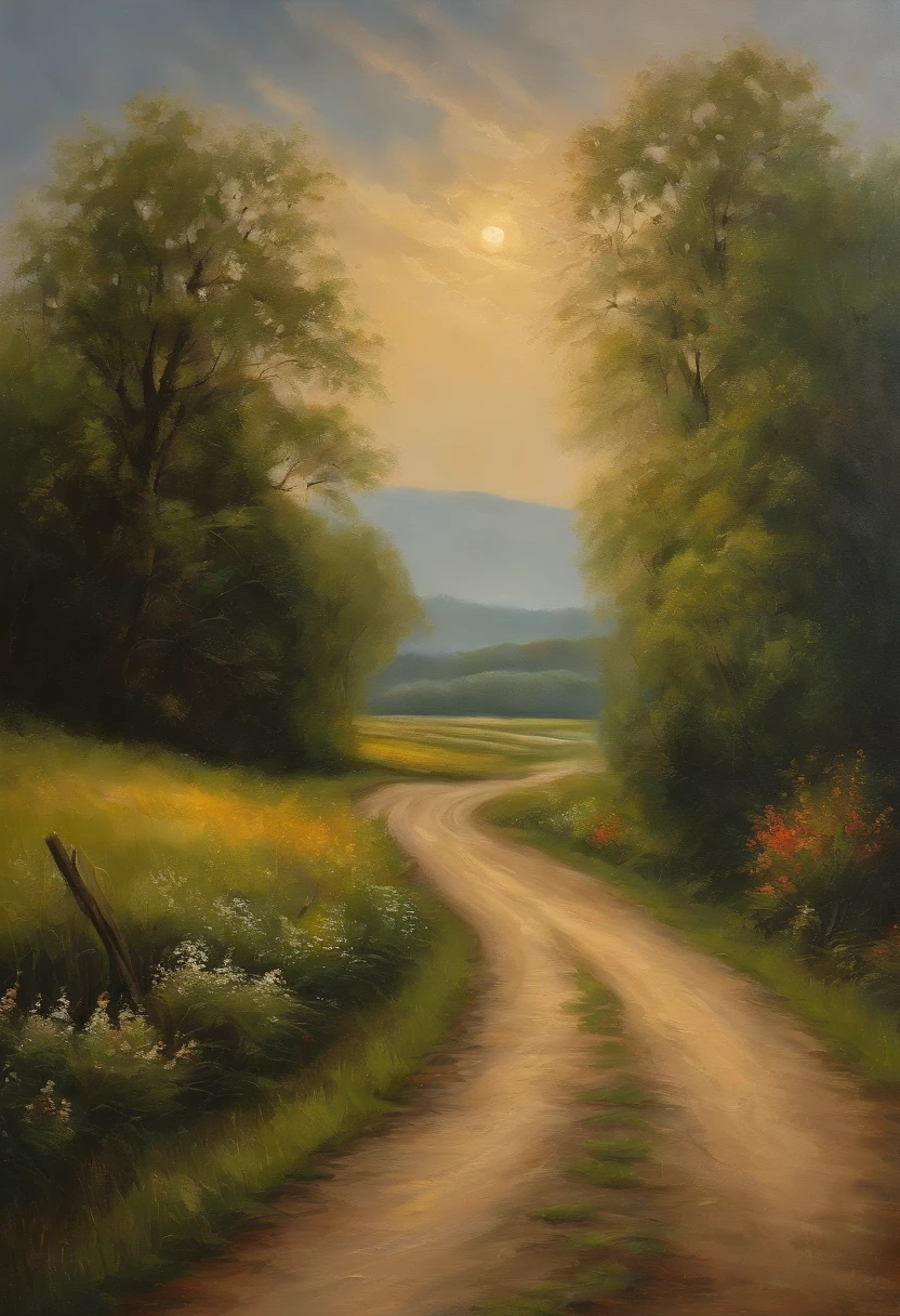country road,At the end of the road is the river,oil painted
