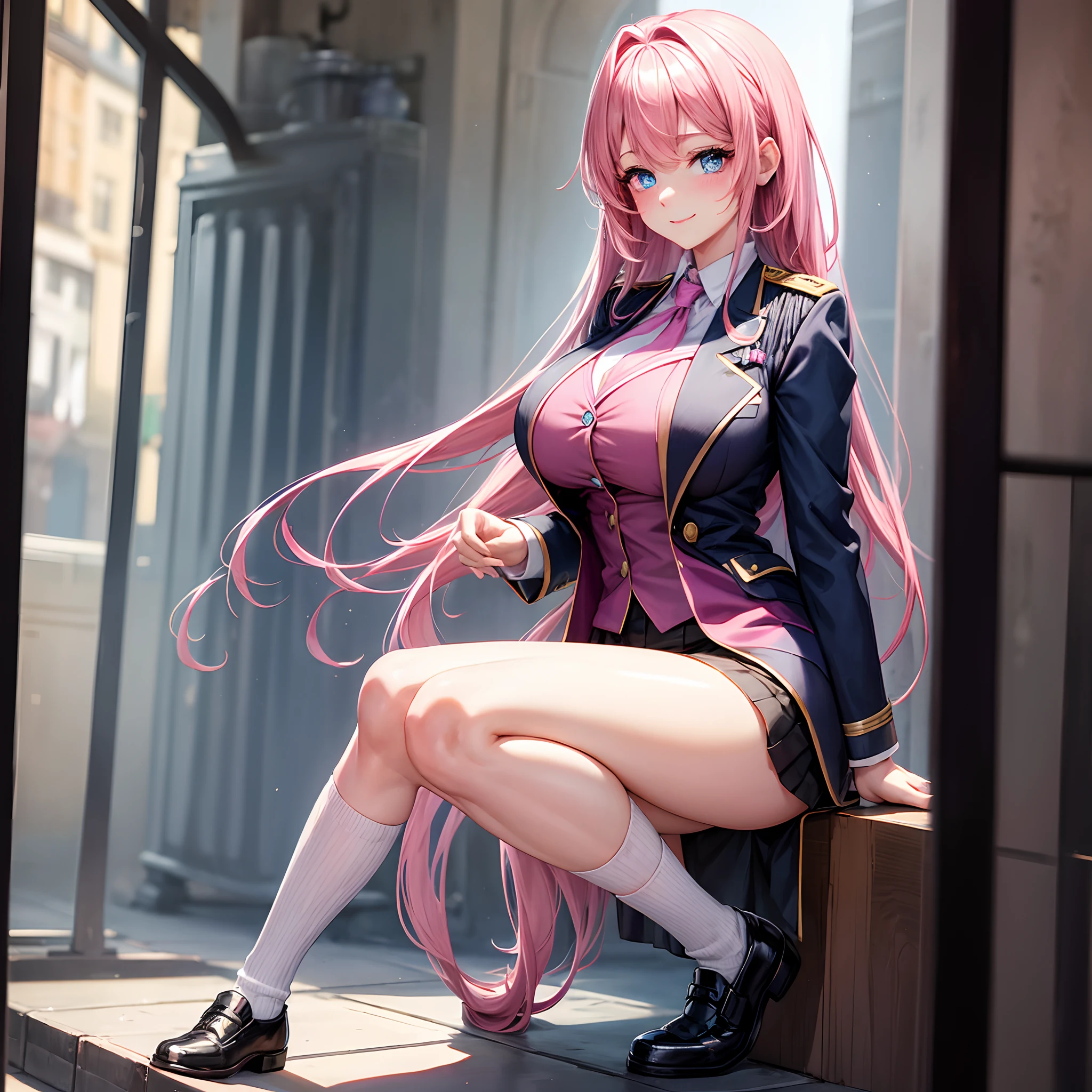 a beauty girl,girl with,academy,huge tit,Excellent style,Best Quality,Blazer in uniform,Wearing loose socks,beautiful a girl,Pink hair,masterpiece,smil,Long,超A high resolution,blue eyess,valley,Charming girl,