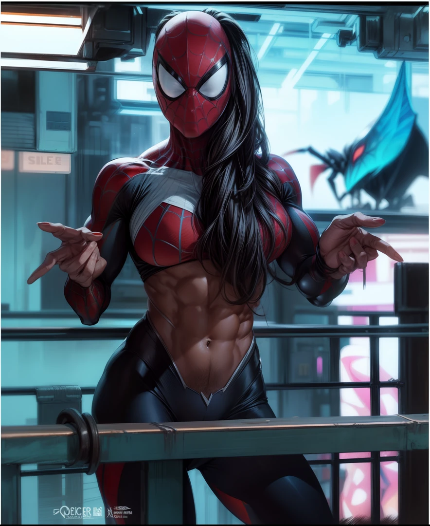 Obra maestra, La mejor calidad:1.2), ((muscular:1.5)) ((hembra:1.5)),tetona,curva, ((Spider-woman)), sexy, Grande_Tetas,(Pintura digital: 1.4), Una hermosa mujer con un disfraz de Spider-Woman, Frente al espectador, De pie en un edificio, Antecedentes urbanos, La mejor obra maestra, Muy alto detalle, realista, 8k,