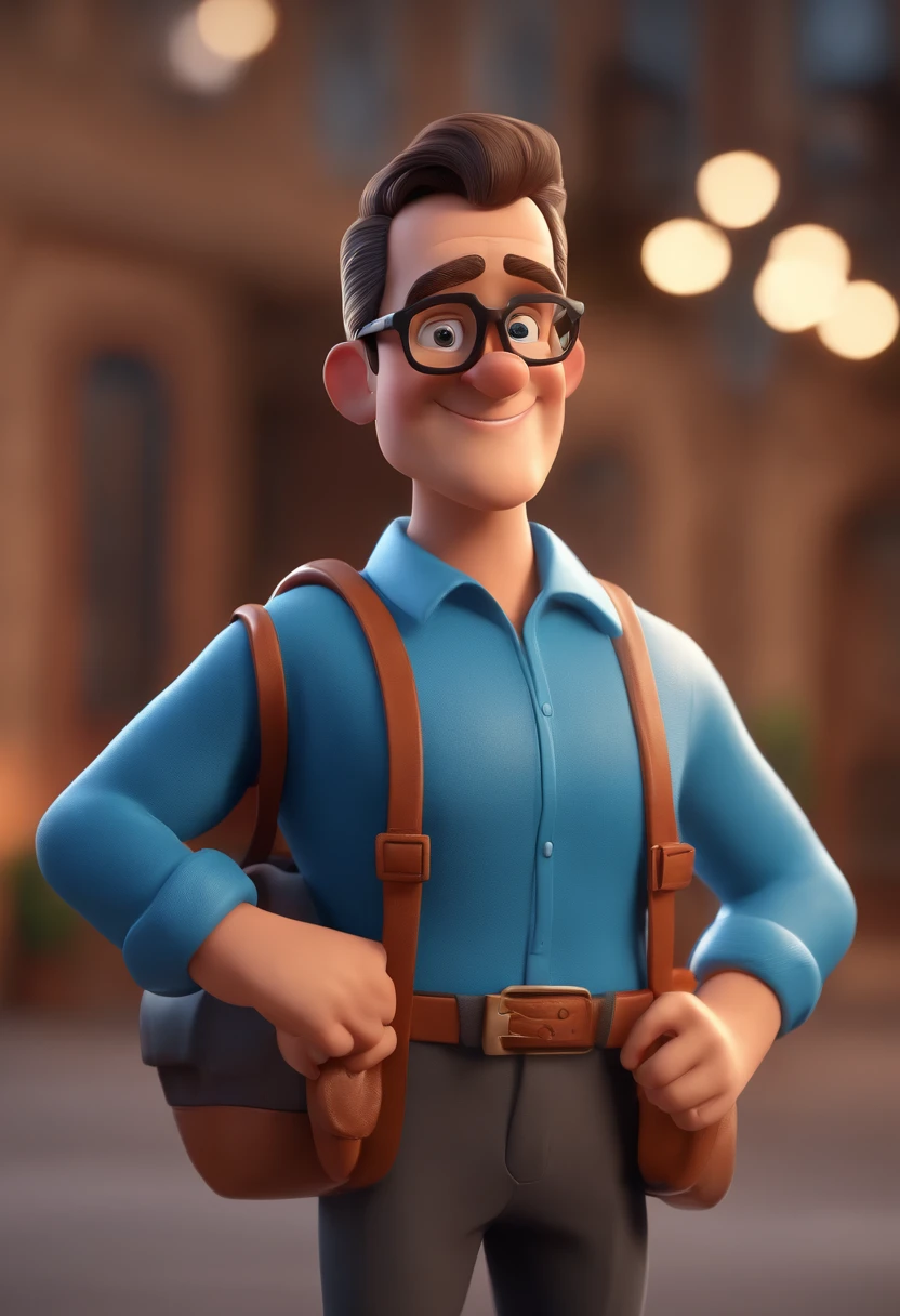 Cartoon character of a man with black glasses and a blue shirt, animation character, Caractere estilizado, animation style rendering, 3D estilizado, Arnold Maya render, 3 d render stylized, toon render keyshot, Personagem 3D, Personagem 3D, 3d rendering stylized, 3 d character render, personagem de desenho animado, Personagem de close up, Pose de personagem,  (Estilo Pixar) (master part:1.2) (Bokeh) (best quality) (pele detalhada) (textura detalhada) (8k) (argila) (Cinematic lighting) (foco nítido