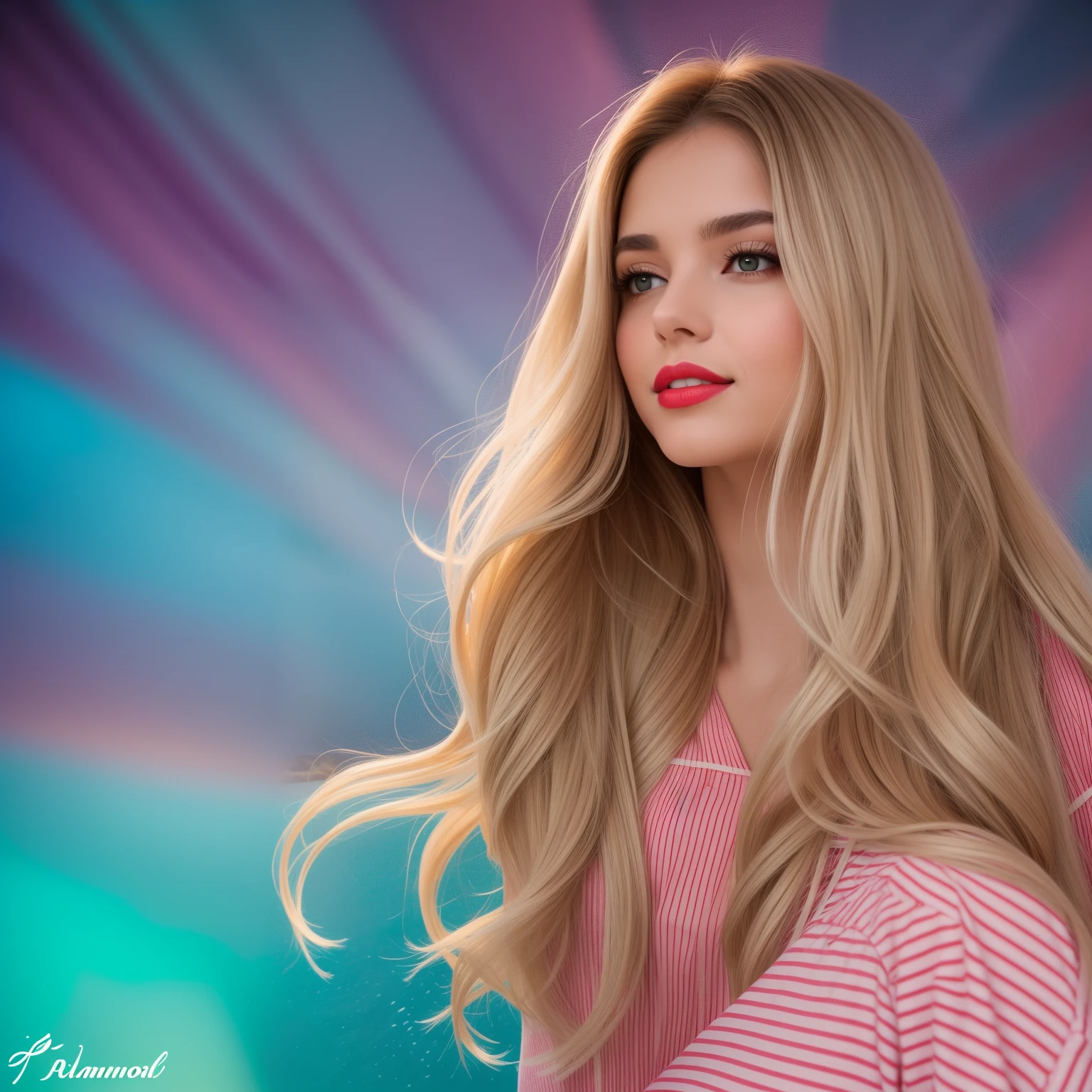 Uma mulher jovem e bonita, blonde hair that falls gently in waves up to the shoulders, altura mediana, olhos grandes e verdes, pele clara, she's in her pyjamas, ela esta em sua cama, fazendo cuidados com a pela antes de dormir, The environment is illuminated with lights of warm and pleasant colors making your hair shine, seu semblante esta naturalmente sereno, lips with red lipstick, Textura 8K, altamente detalhados, realista, soft Cinematic Light, HDR, sharp fokus, obra-prima, fotorrealista, fotografia premiada, Canon EOS R5, 35 mm