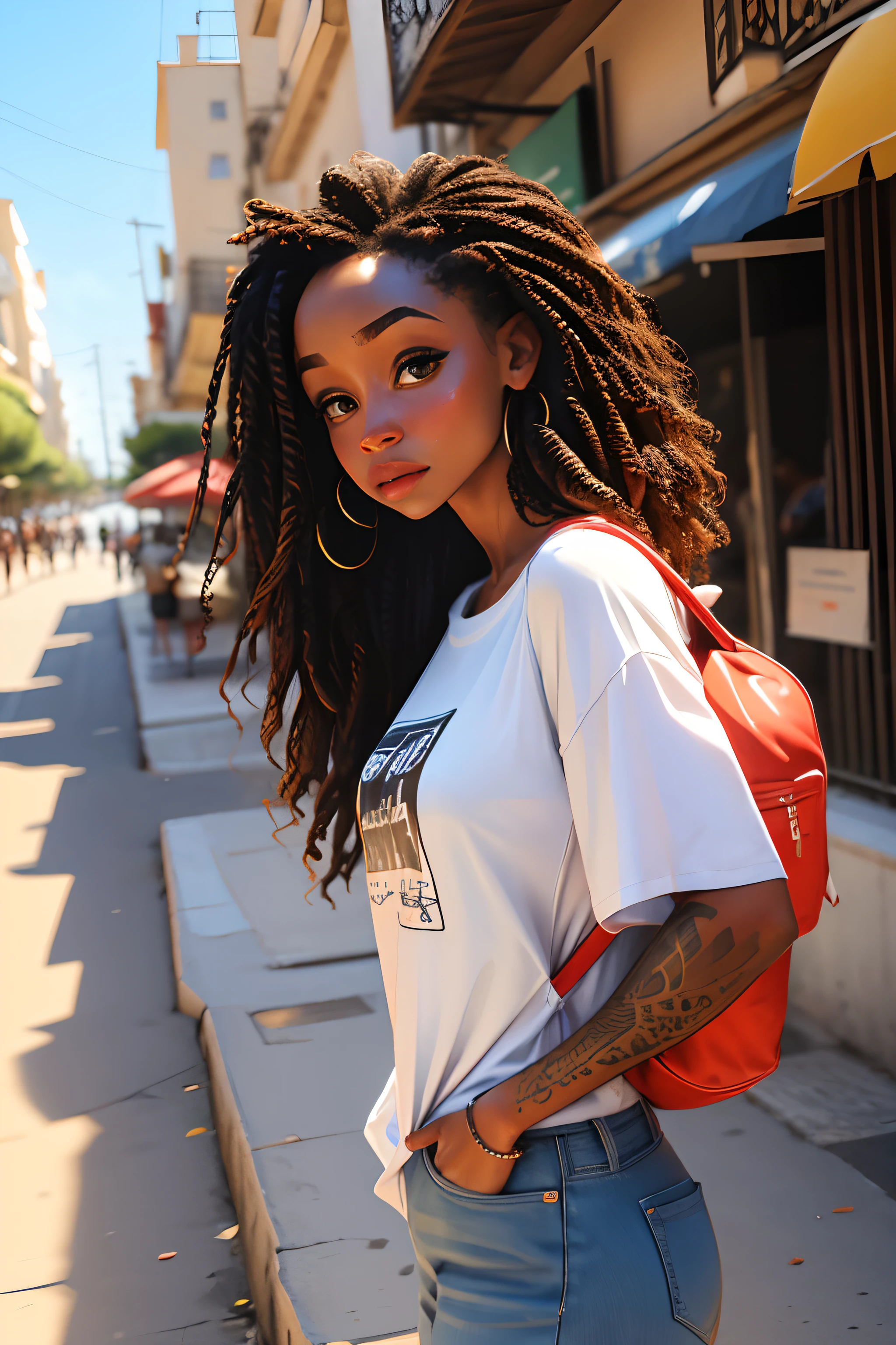 uma africana africana pele marrom escura:5, olhos pretos cintilantes:2, pose pra foto, estilo Rapunzel, Paris:5, parque, mega hair cabelos na altura do ombro, flores, imagem intrigante, cores vividas, vestido longo verde bandeira Brasil, Red and white Vans sneakers, imagem limpa, alta qualidade, nitidez, Sharp imagem, rosto de modelo, 8k, imagem profissional, iso100, cidade , blue skies, moda atual, muito detalhado, altamente rosto 8k detalhado, formato de rosto perfeito, fleshy and perfect lips, nariz arredondado e perfeito , olhos lindos e corretos, observador, Tattooed in black color with elephant and african woman on right arm, Phrase on the right inner shoulder written "Good things happen", flor no ombro esquerdo interno : 3,45, flores de cabelo, obra-prima, melhor qualidade, solteiro, jeans, sozinho, Advanced Digital Chibi