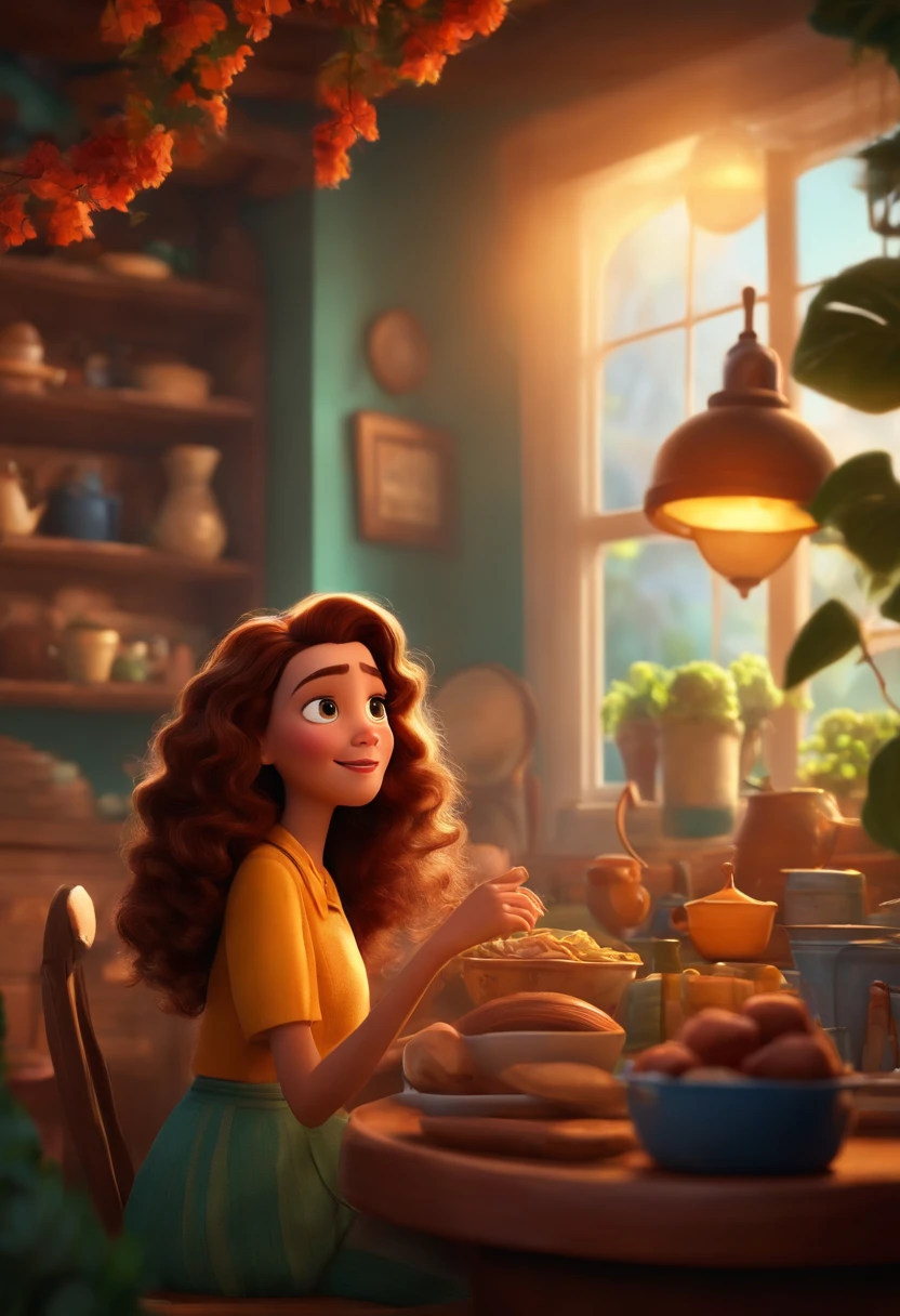 Um filme inspirado na Disney Pixar (Mulher branca JOVEM COM CABELO LONGO liso castanho) dentro A cena estar na arte distinta do estilo PIXAR, descolada e estilosa