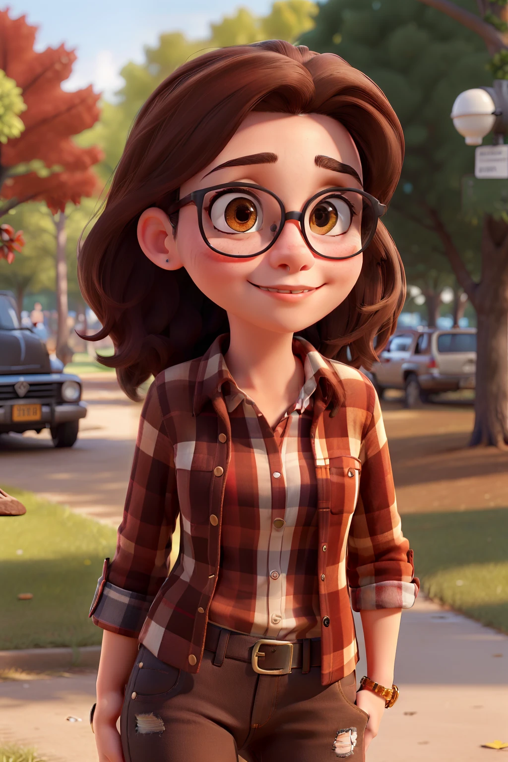 "(best quality,ultra-detailed),(realistic:1.37),portrait,detailed eyes and face,girl in a park,brown hair,square eyeglasses,brown eyes,vivid colors,red plaid shirt,black jeans,all star sneakers"