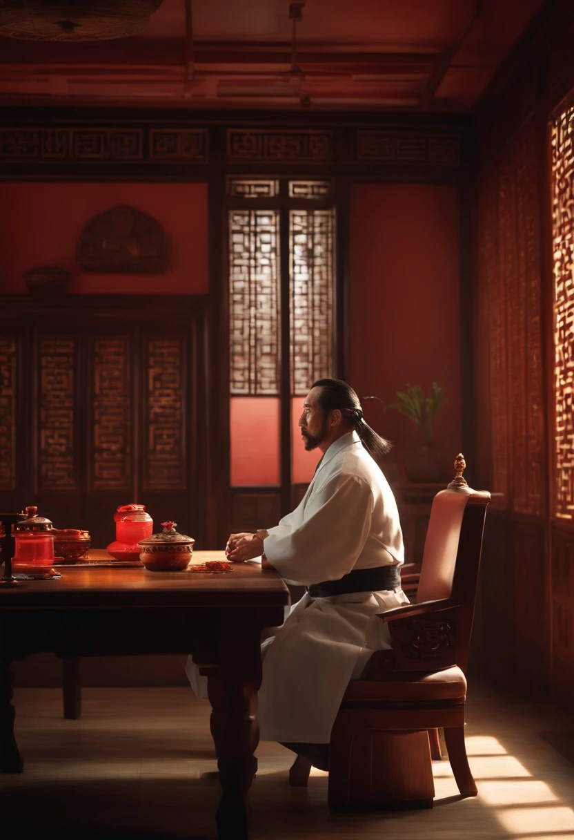 Estilo pixar, Old Chinese Doctor, barba branca, cabelo samurai, Sat at table in medical hall