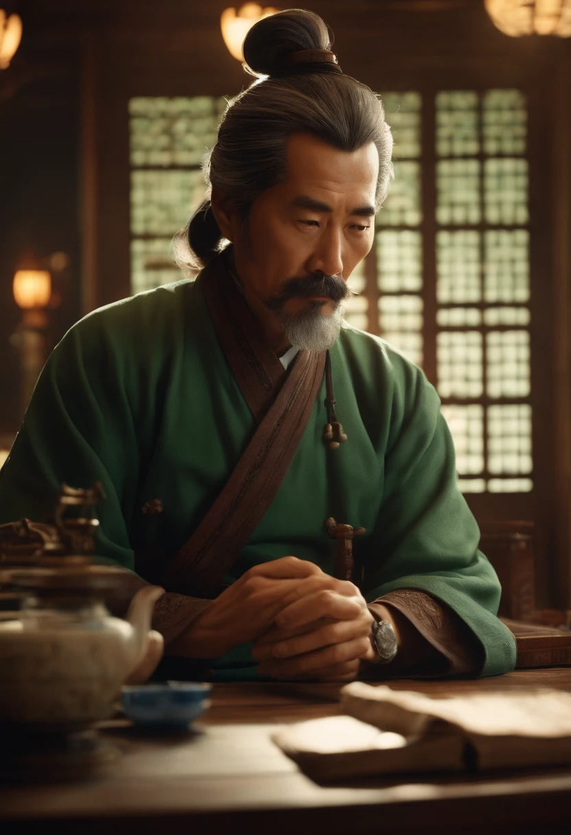 Estilo pixar, Old Chinese Doctor, barba branca, cabelo samurai, Sat at table in medical hall